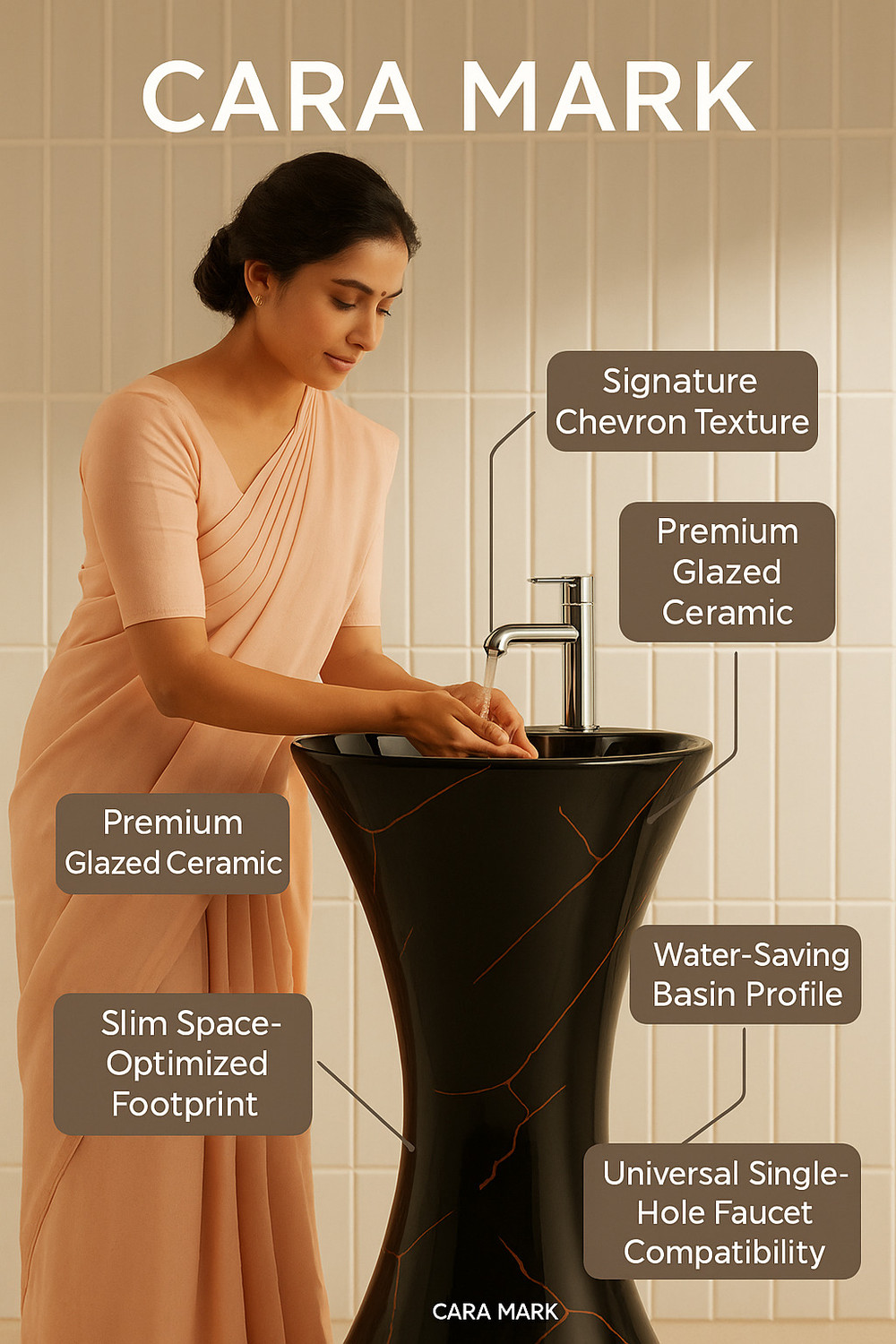 Image of CARA MARK Premium Ceramic Wash Basin - Modern Damru- Scratch Resistant, Easy to Clean - Ideal for Bathrooms, Hotels & Dining Spaces- Pedestal Basin