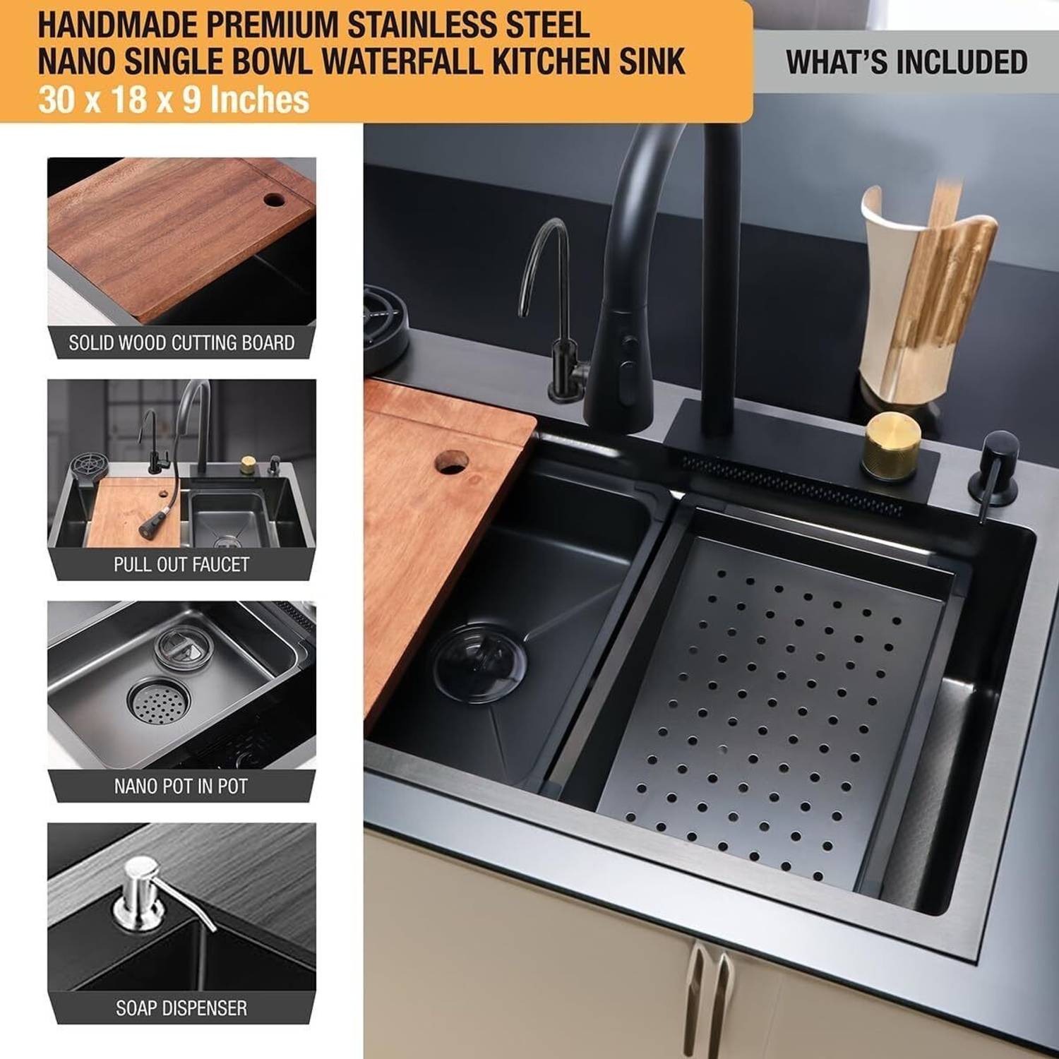 GLOXY Nano Stainless Steel Kitchen Sink 30x18x9 Inches - Image 4