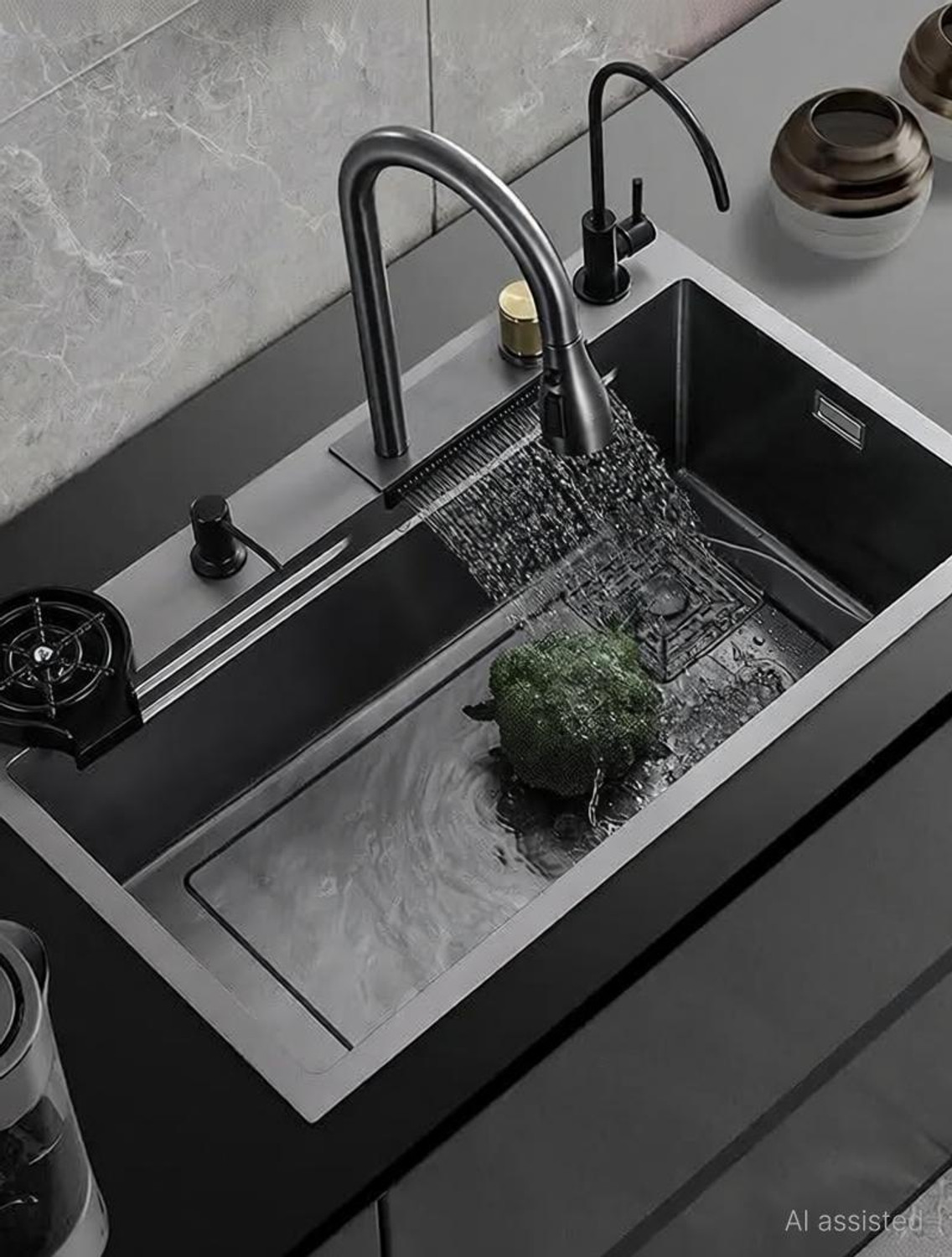 Image of Q-IMAGE Sink Of Kitchen 304 Grade 30X18X9 with ANTI SCRATCH DESIGN Integrated Waterfall and Pull-down Faucet Set Stainless Steel Sink with Cup washer and Drain Baskets Vessel Sink