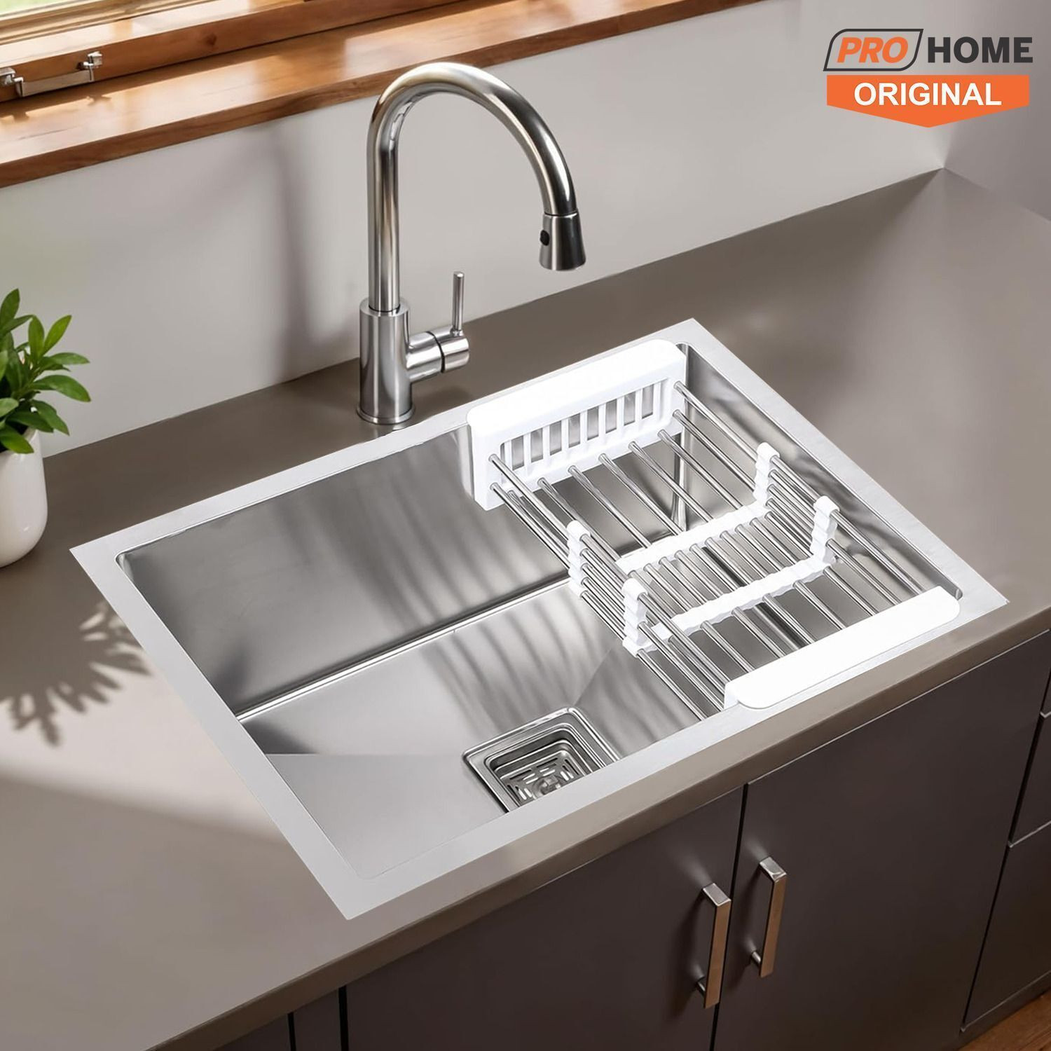 Image of ProHome Single Bowl Handmade Kitchen Sink with Basket 24 inchx18 inchx10 inch Satin Finish Stainless Steel Sink for Modern Kitchens Vessel Sink