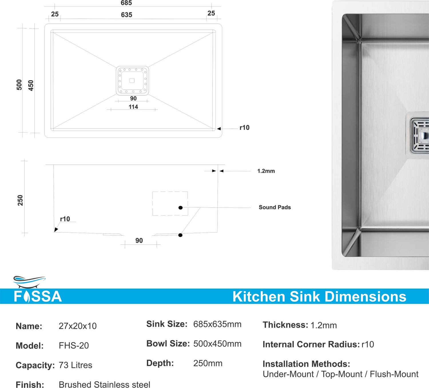 Image of Fossa 27 inchx20 inchx10 inch Inch Single Bowl SS-304 Grade Handmade Kitchen Sink Matte Finish FHS-20 Vessel Sink