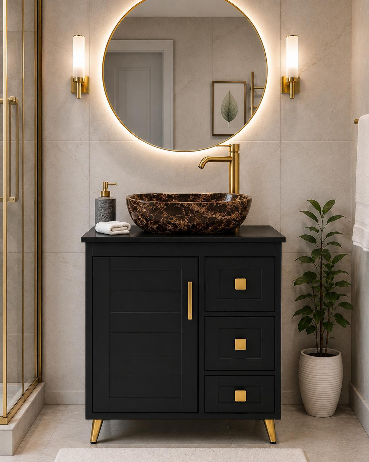 Image of CLEOPATRA Premium Pu black 24 inch freestanding Wash Basin Vanity Cabinet For Bathroom PU-01 BLACK Over Counter Basin (BLACK CLOUR)