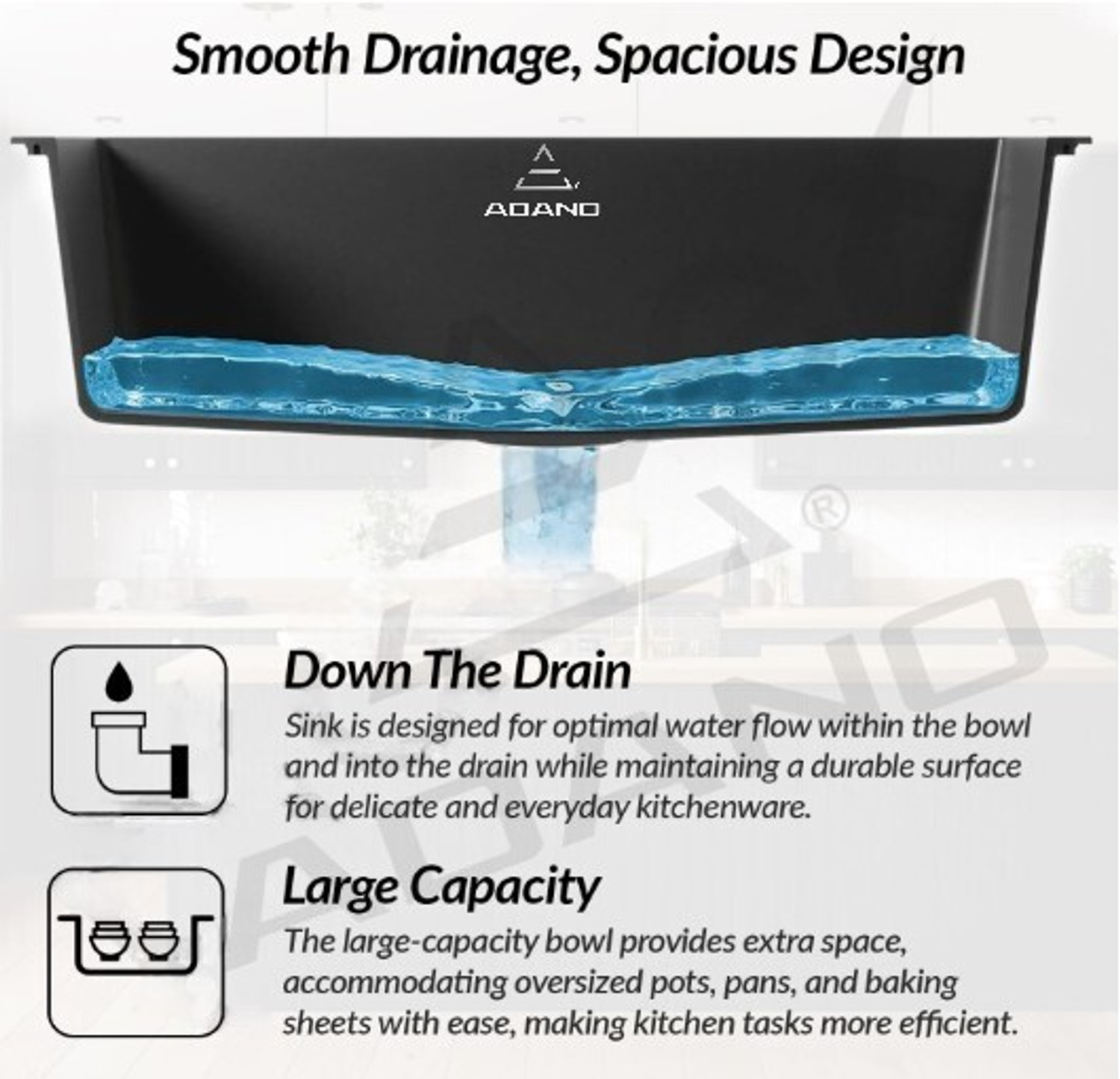 Image of adano Carara Quartz Kitchen Sink 24*18*8 INCH Kitchen /Granite Single Bowl Vessel Sink (BLACK)