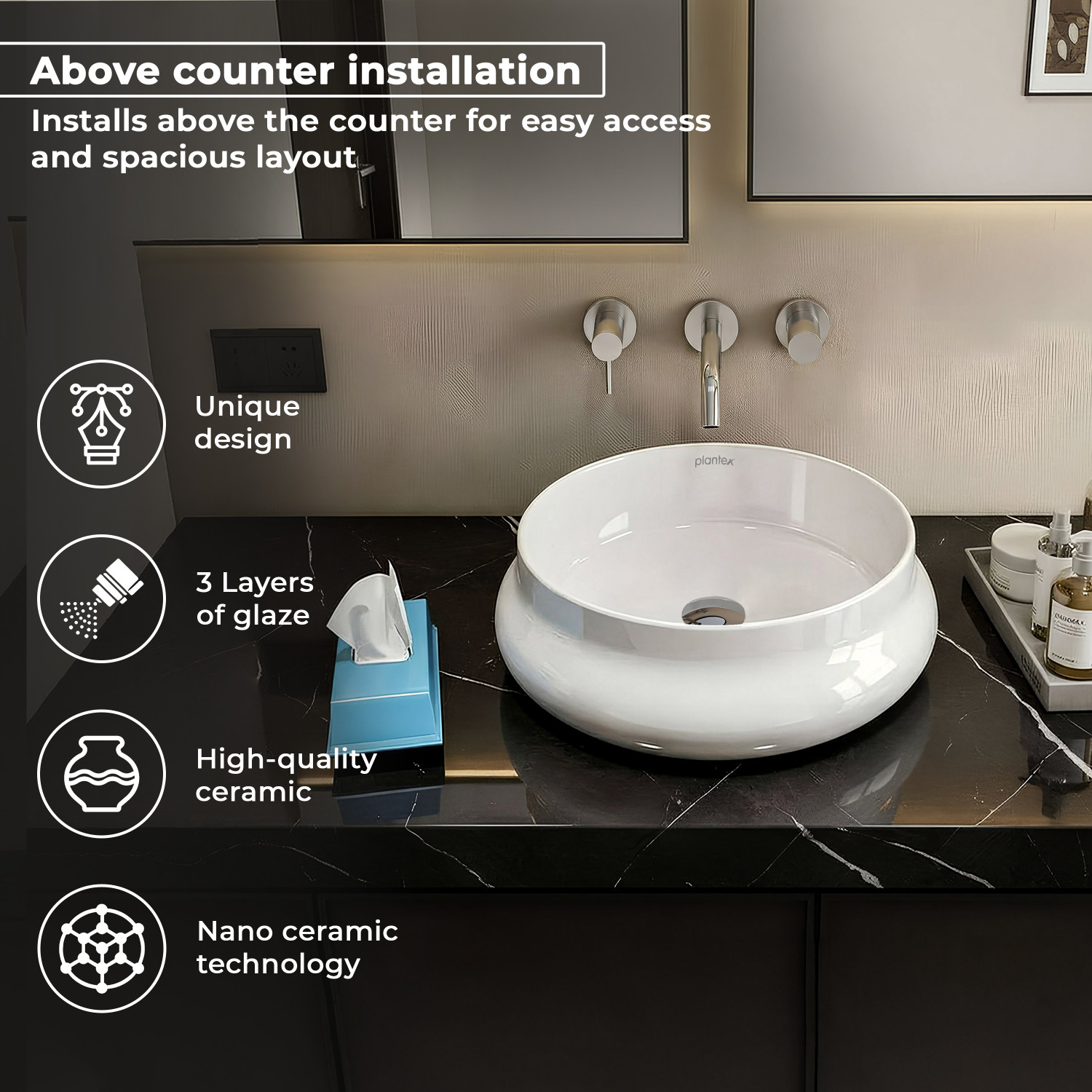 Image of Plantex Ceramic Tabletop Wash Basin /WashBasin for Bathroom Platinium Ceramic Tabletop Round Wash Basin /Countertop Sink (16 x 16 x 5.5 Inch) Table Top Basin (White)