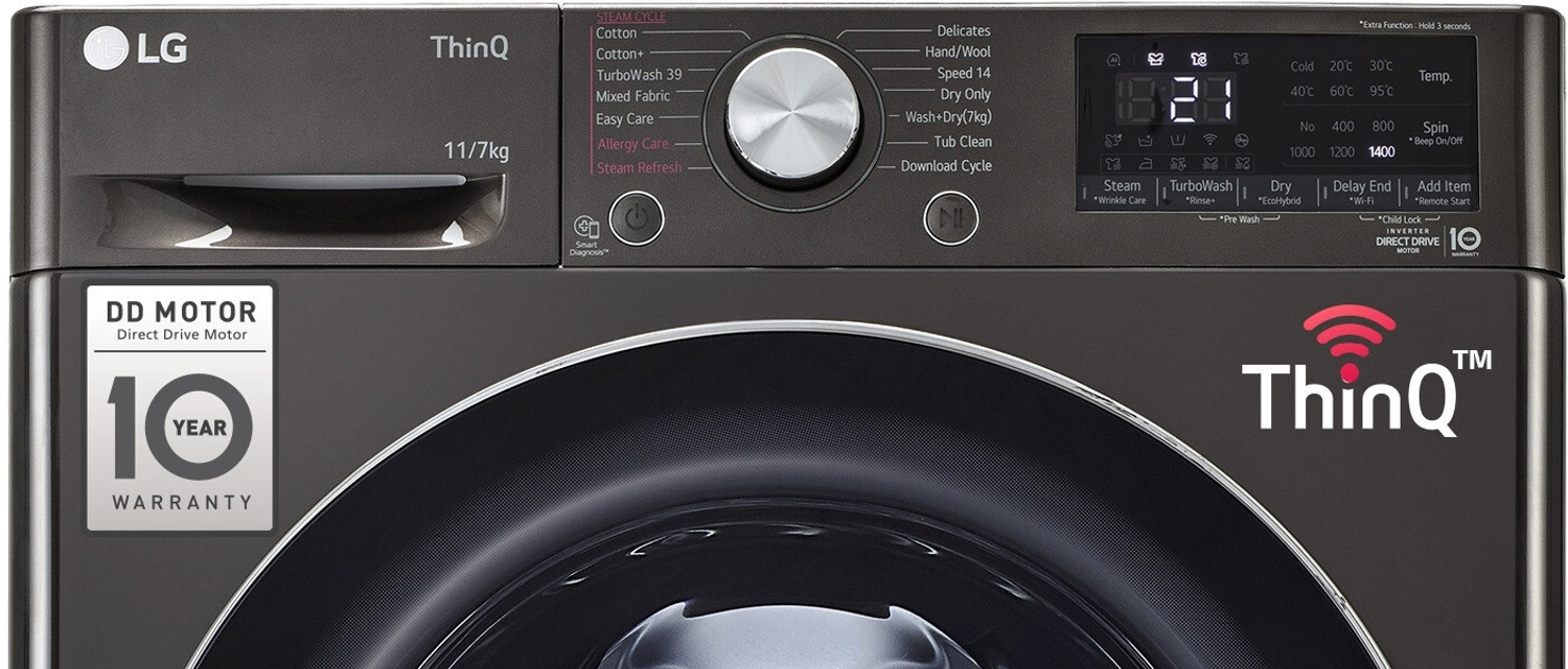 Image of LG 11 /7 kg Washer with Dryer AI Direct Drive Technology, Wi-Fi Enabled , Reduce allergens & wrinkles with Steam+ cycles, TurboWash Ready to Wear Clothes, Optimal wash for different fabrics & In-built Heater Black, Grey