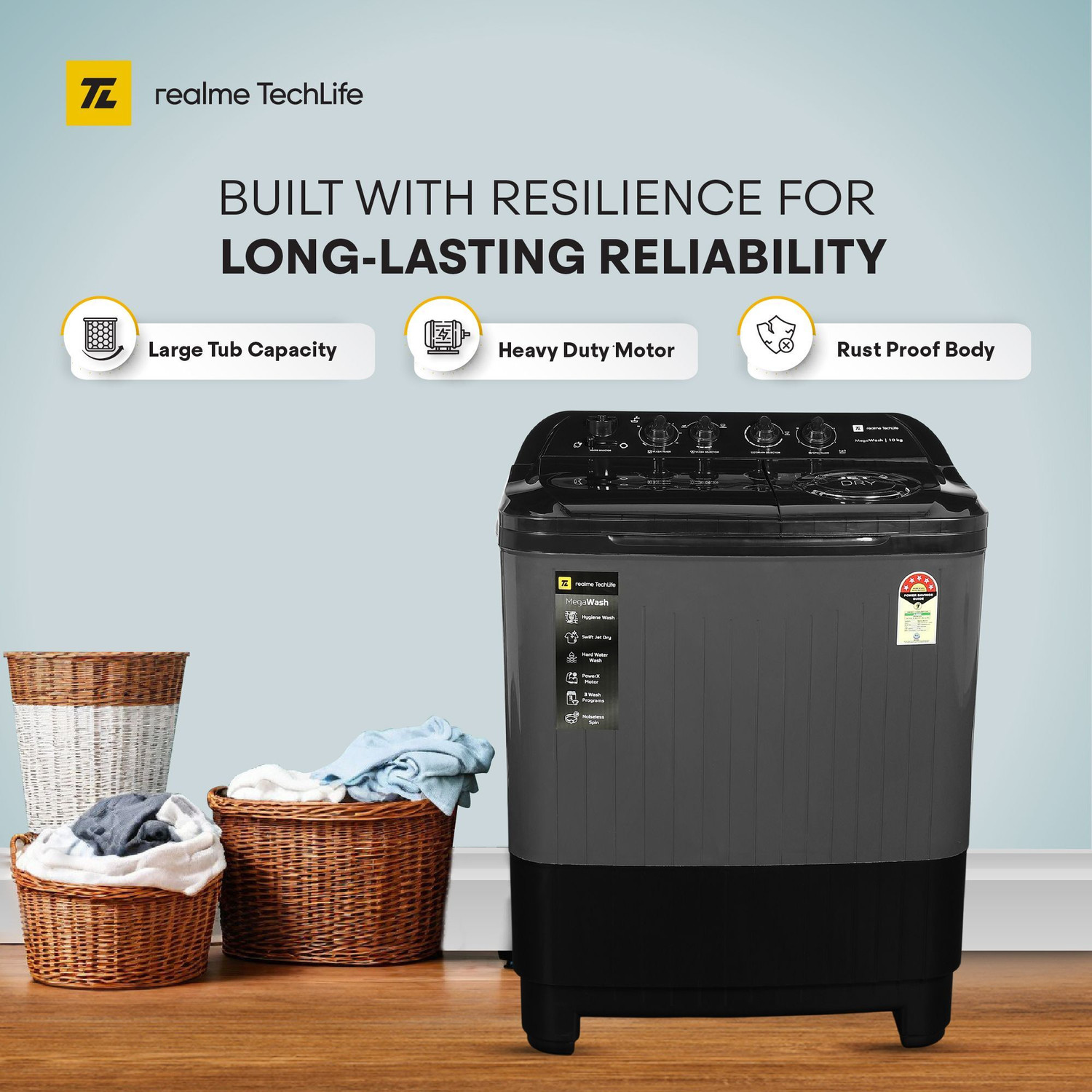 Image of realme TechLife 10 kg Semi Automatic Top Load Washing Machine Grey