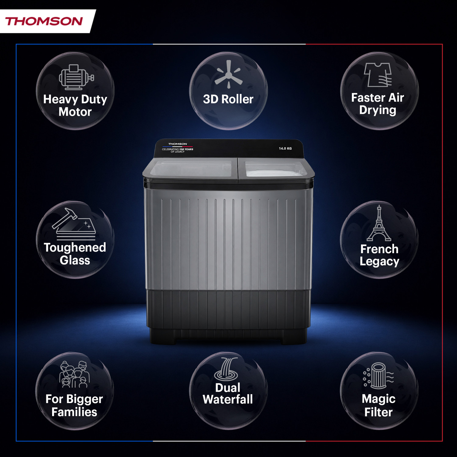Image of Thomson 14 kg 5 Star Aqua MagicToughened Glass with soft closure, Heavy Duty Motor, Magic Filter, Advance Soak Technology, Double Waterfall, Quad Flow Pulsator Technology, Aqua Balancer Technology, Semi Automatic Top Load Washing Machine Black