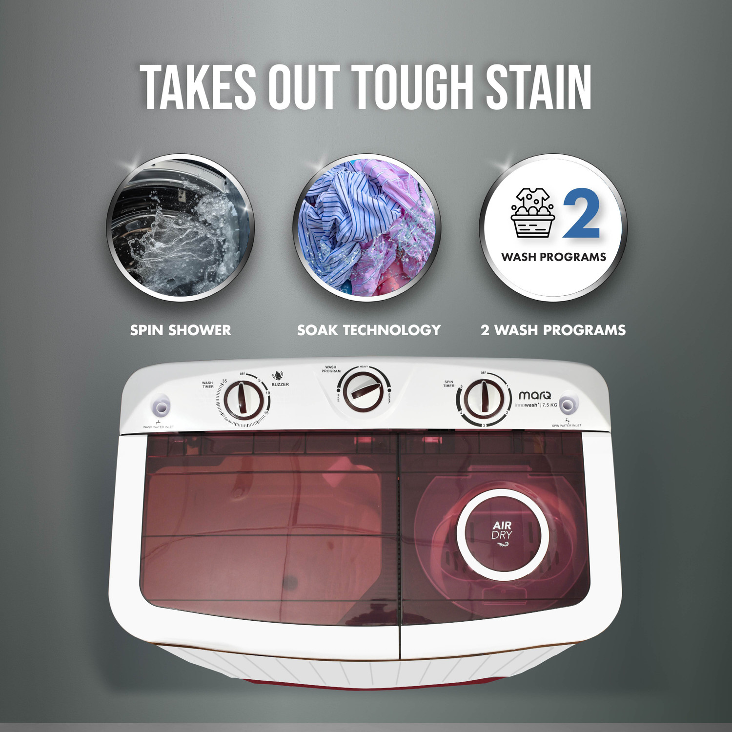 Image of MarQ by Flipkart 7.5 kg 5 Star Rating Innowash Range Semi Automatic Top Load Washing Machine Maroon, White
