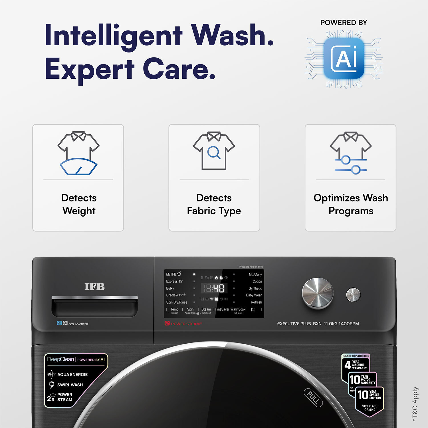 Image of IFB 11 kg with 9 Swirl Wash, 2x Power Steam, Steam Refresh Program, Eco Inverter Motor, WiFi Enabled, DeepClean Powered by Ai Fully Automatic Front Load Washing Machine with In-built Heater Black