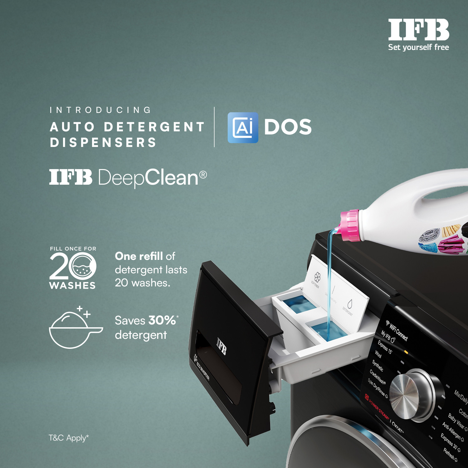 Image of IFB 11 /7 kg Washer with Dryer AI DOS - Auto Detergent Dispensing, Oxyjet Technology, 30 min Steam Refresh Program, 100% Dry Ready-to-Wear Clothes, Eco Inverter Motor, 9 Swirl Wash Mimic Handwashing, Fully Automatic with Hot Water Wash, WiFi Connectivity with In-built Heater Black