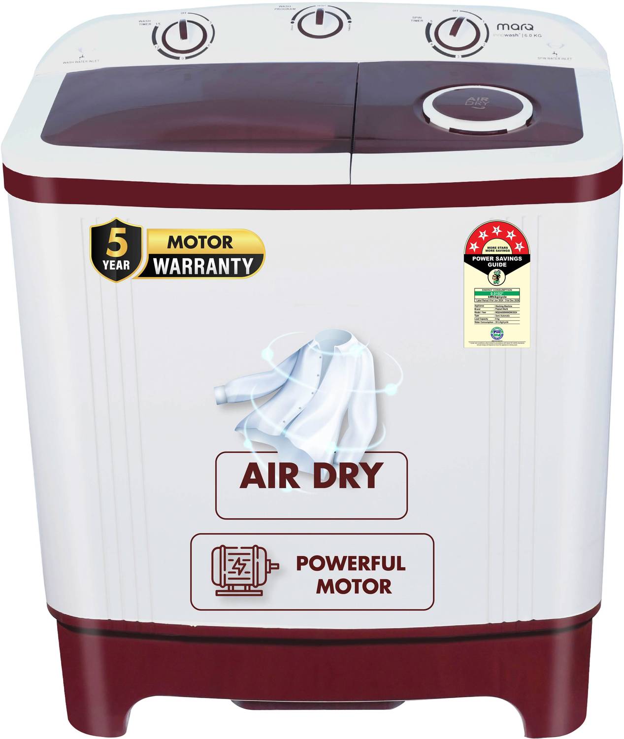 MarQ by Flipkart 6 kg 5 Star Rating Innowash Range Semi Automatic Top Load Washing Machine White, Maroon