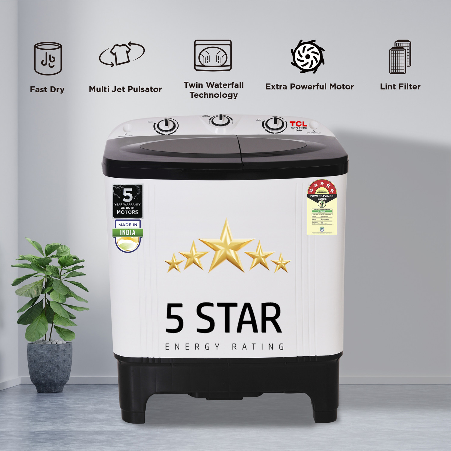 Image of TCL 7 kg Semi Automatic Top Load Washing Machine Black