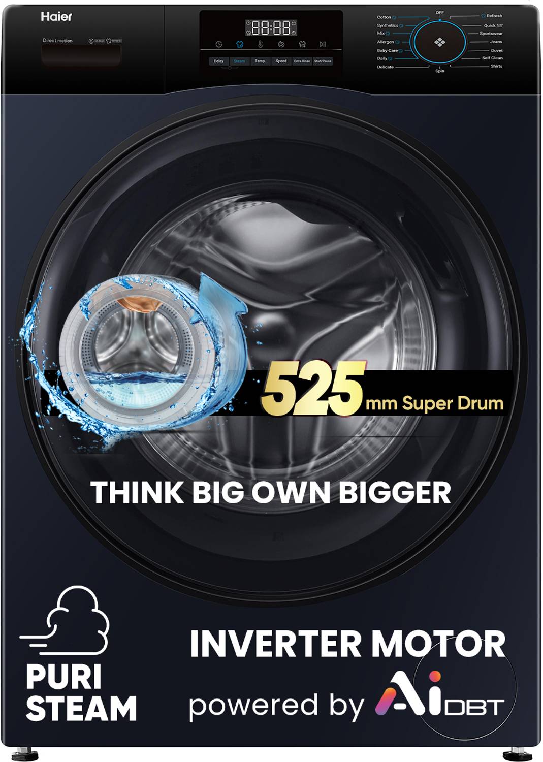 Haier 8 kg 5 Star with Powered by AI-DBT, AI Wash, PuriSteam, 525 mm Super Drum, Inbuilt Heater, Washer Fully Automatic Front Load Washing Machine Black