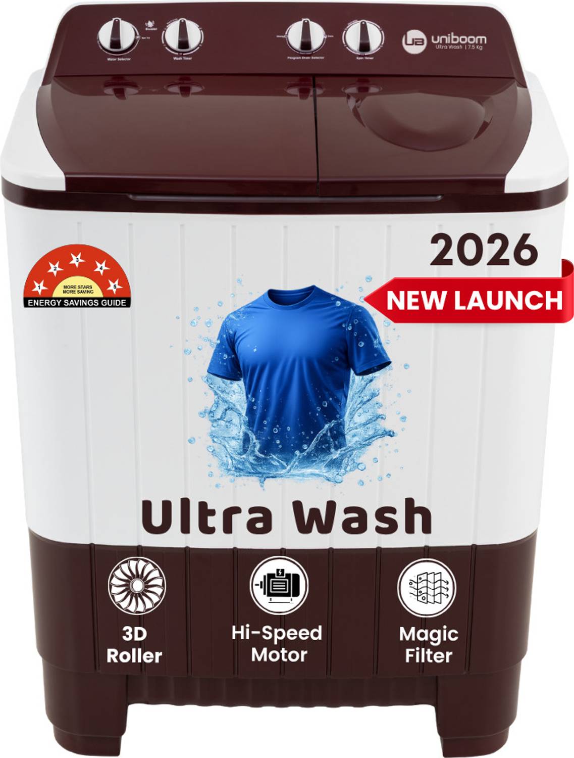 Uniboom 7.5 kg Ultra Wash | Jet Dryer | Portable Wheels | Buzzer | Sleek Design | Magic Filter | Heavy Duty Motor Semi Automatic Top Load Washing Machine Maroon, White price history chart and lowest price