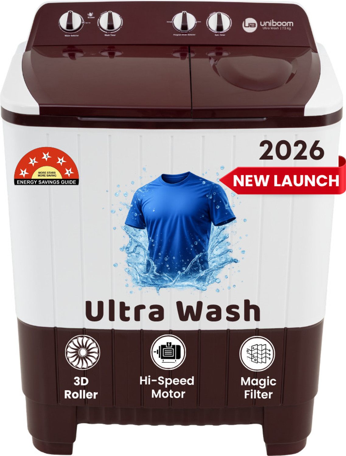 Image of Uniboom 7.5 kg Ultra Wash | Jet Dryer | Portable Wheels | Buzzer | Sleek Design | Magic Filter | Heavy Duty Motor Semi Automatic Top Load Washing Machine Maroon, White