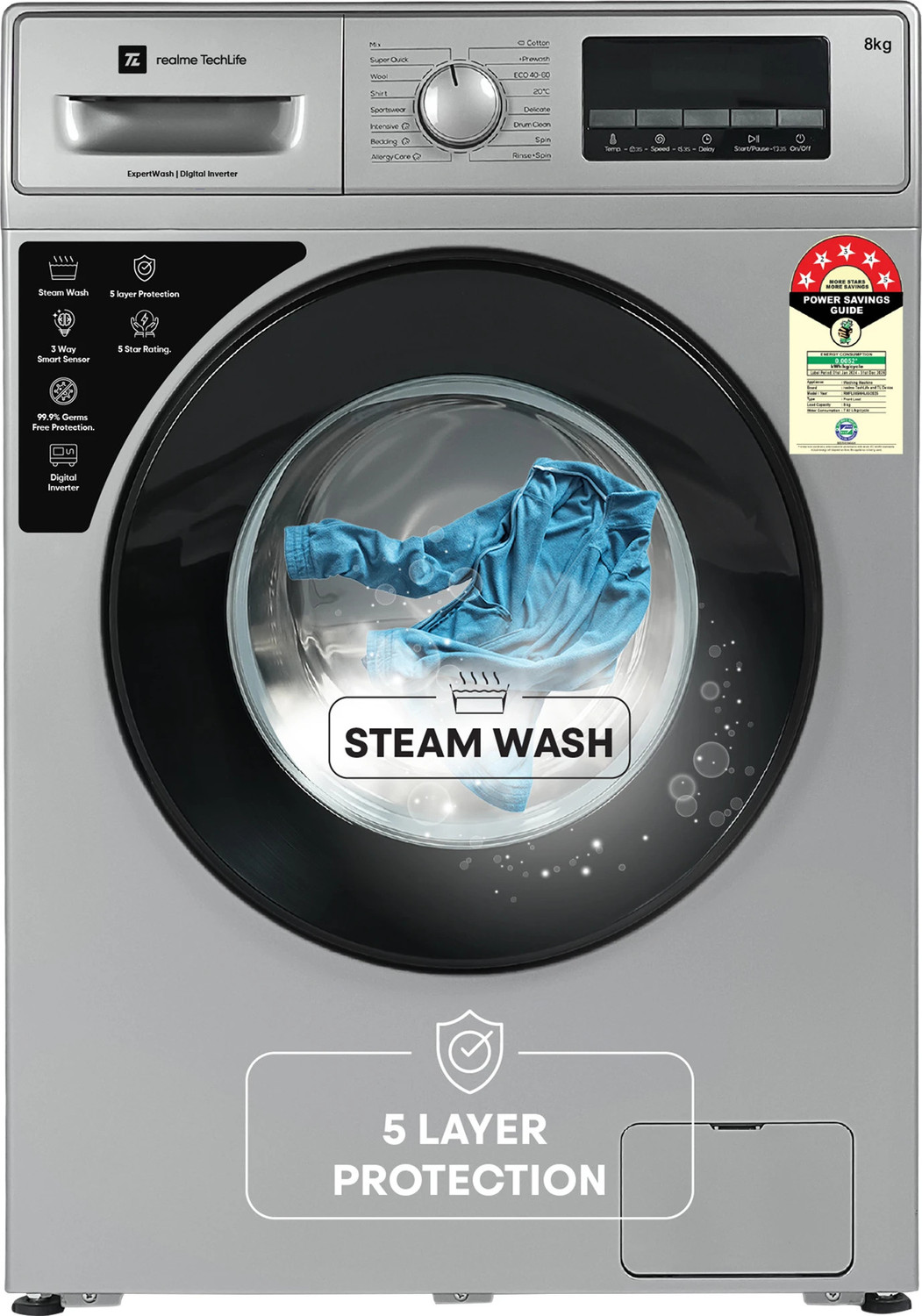 Image of realme TechLife 8 kg In-built Heater with ExpertWash Fully Automatic Front Load Washing Machine with In-built Heater Grey