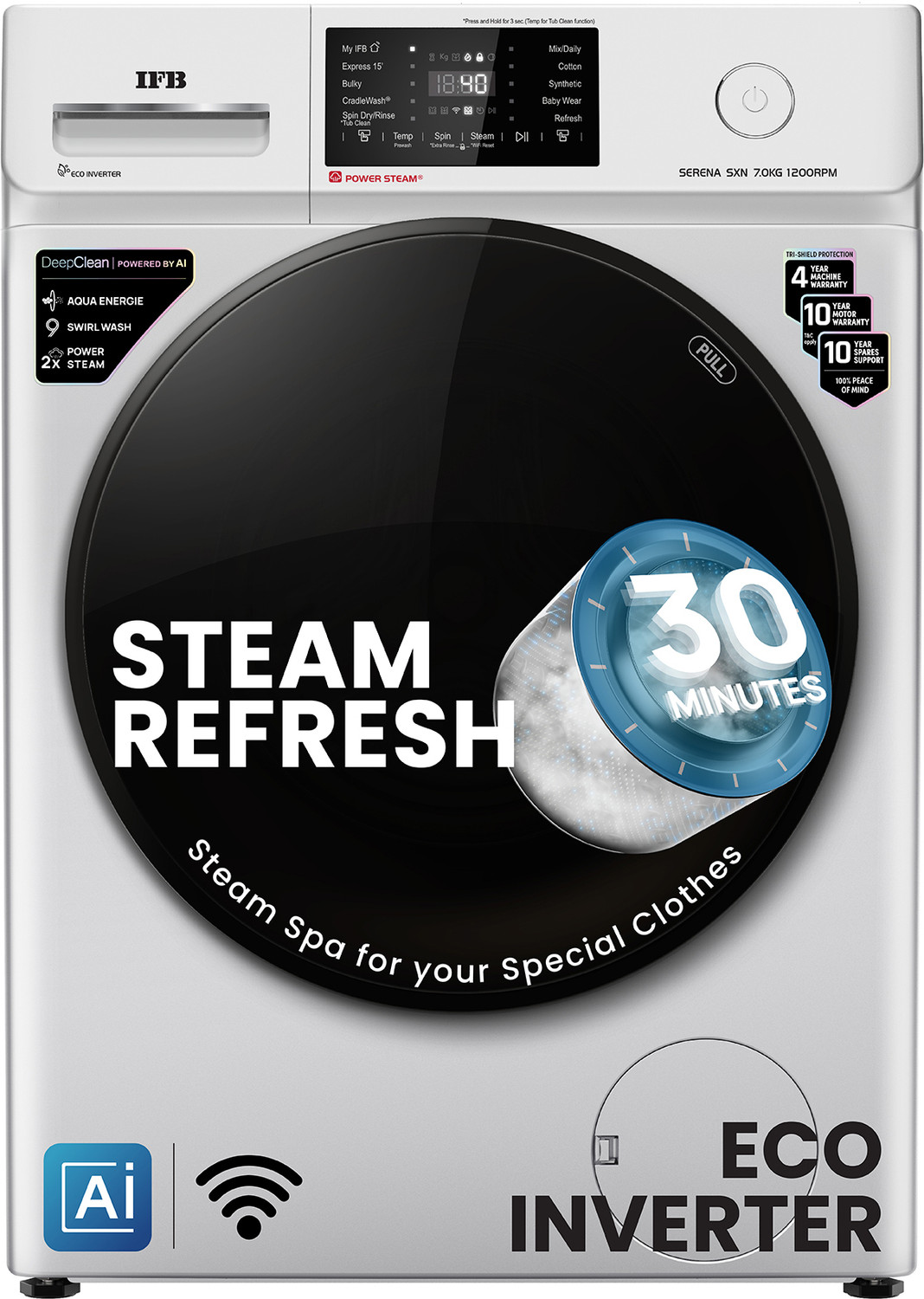 Image of IFB 7 kg 5 Star with Steam Refresh program, 9 Swirl Wash, Eco Inverter, Powered by AI with Wifi Fully Automatic Front Load Washing Machine with In-built Heater Silver