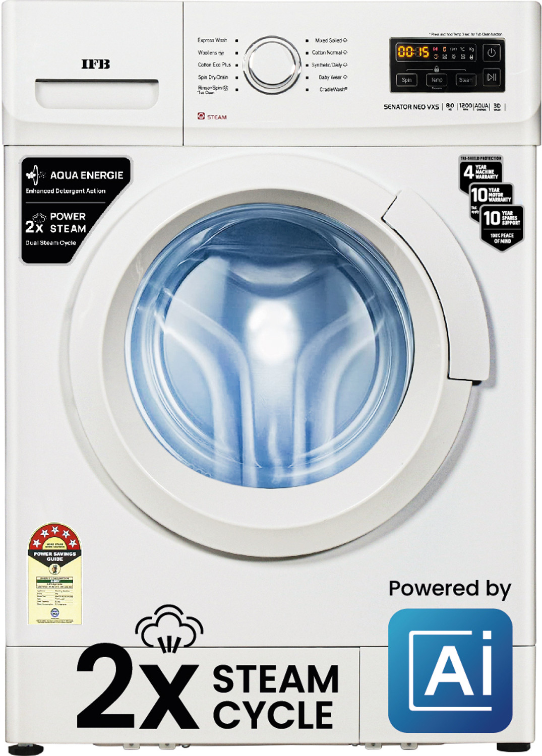 Image of IFB 8 kg Powered by AI, 5 Star,� with 2x Steam Cycle Fully Automatic Front Load Washing Machine with In-built Heater White
