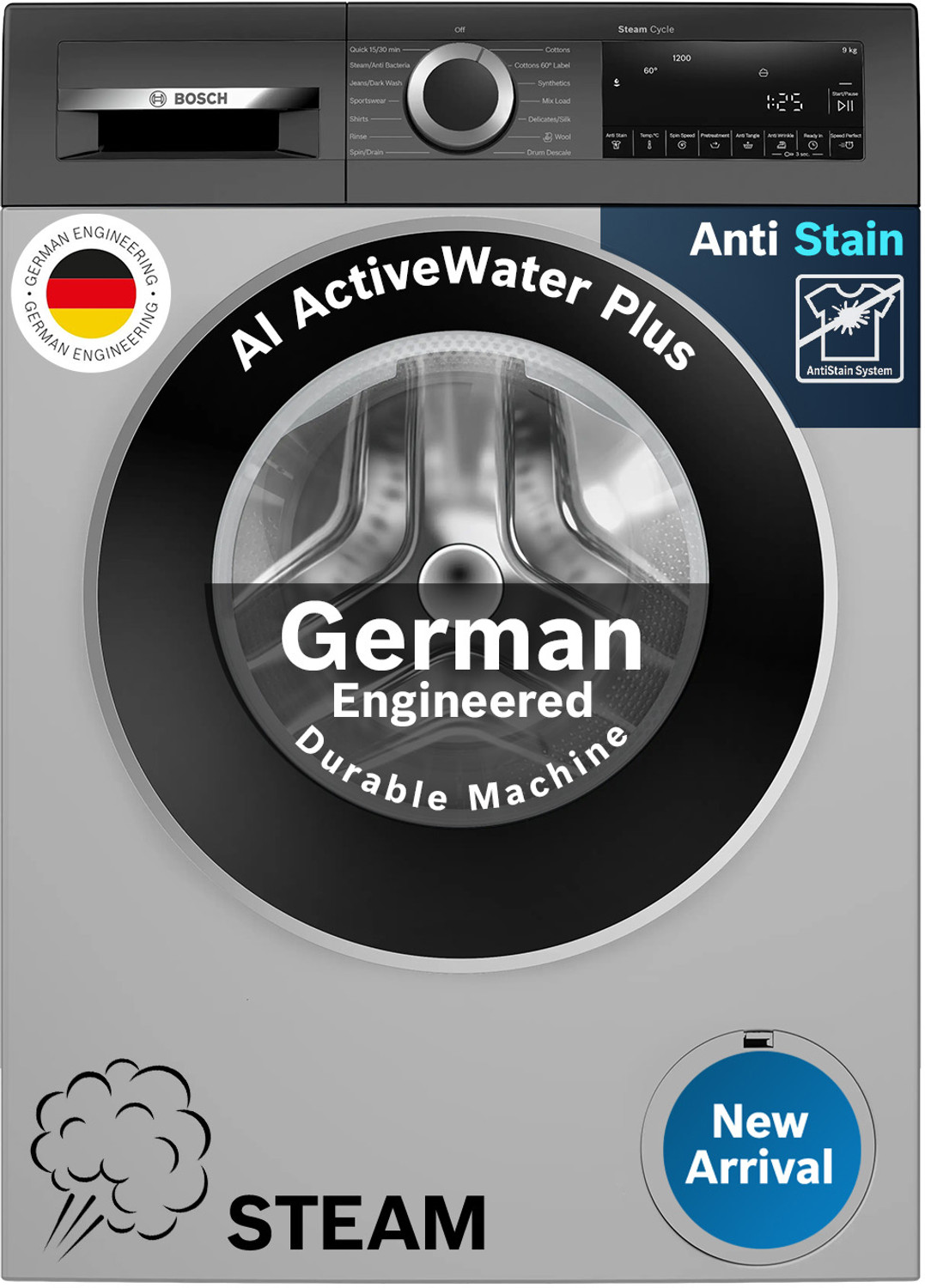 Image of BOSCH 9 kg Fully Automatic Front Load Washing Machine with In-built Heater Silver