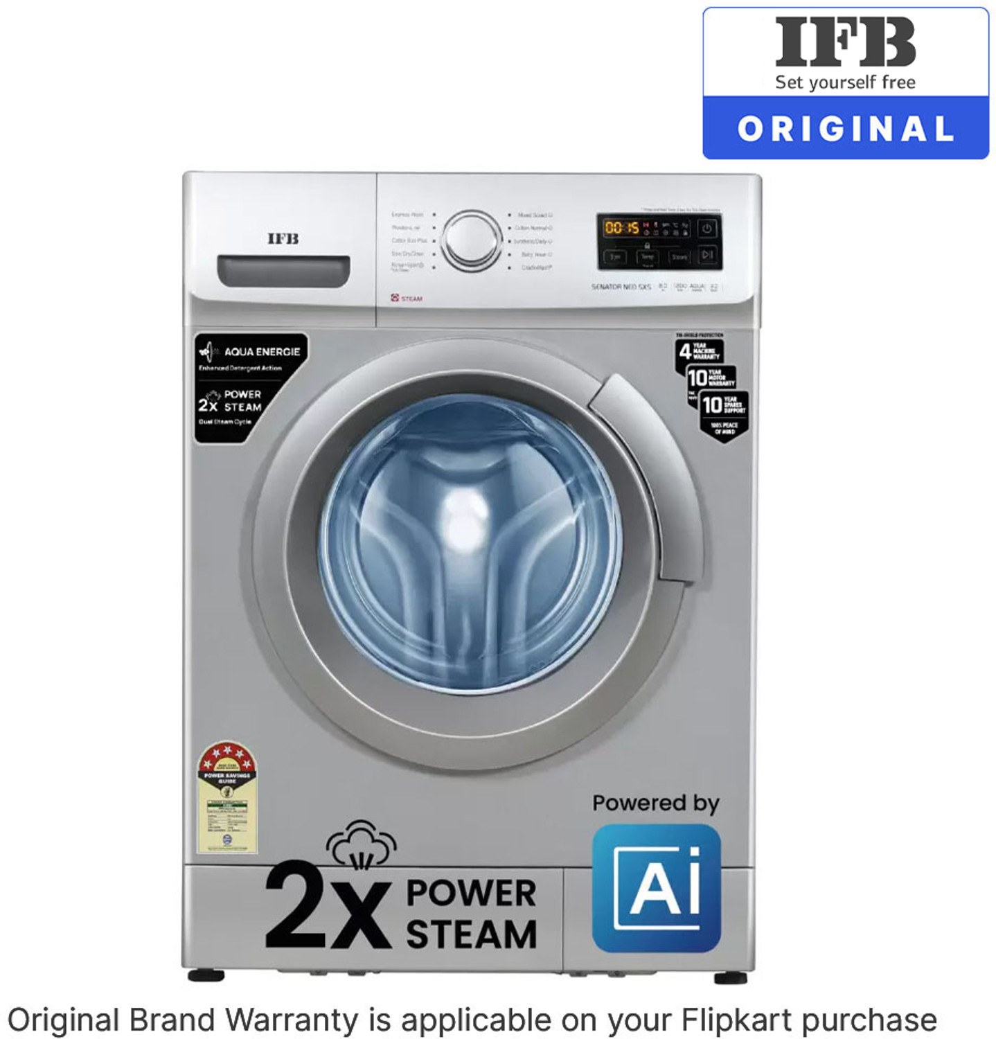 Image of IFB 8 kg Powered by AI, 5 Star,� with2x Steam Cycle Fully Automatic Front Load Washing Machine with In-built Heater Silver