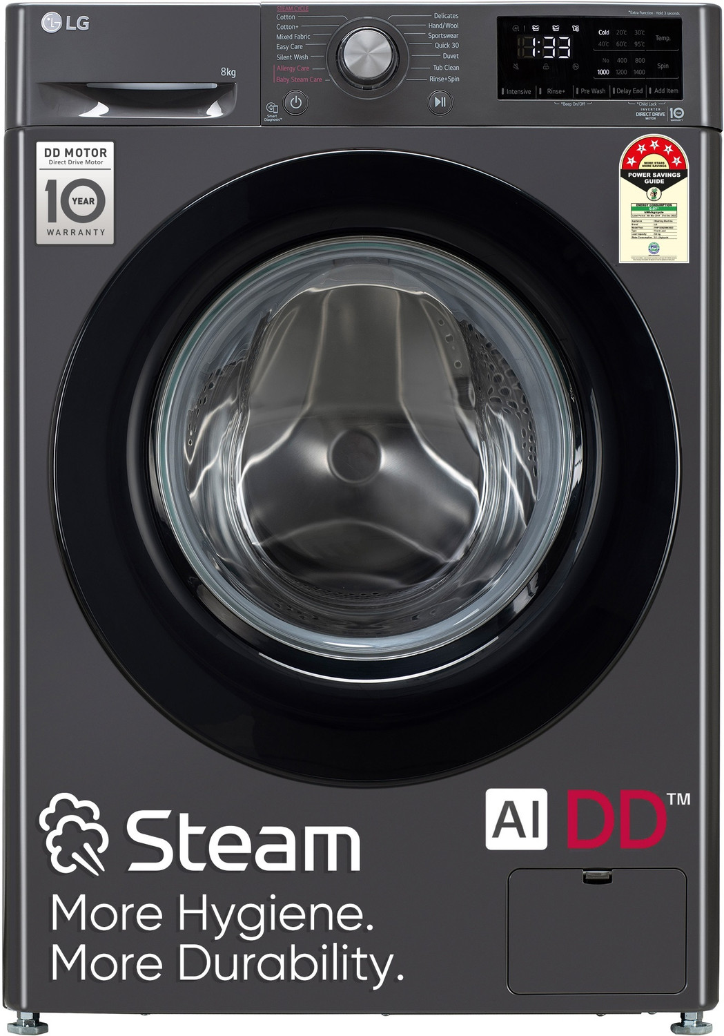 Image of LG 8 kg 5 Star with AI Direct Drive Washer with Steam Fully Automatic Front Load Washing Machine with In-built Heater Black