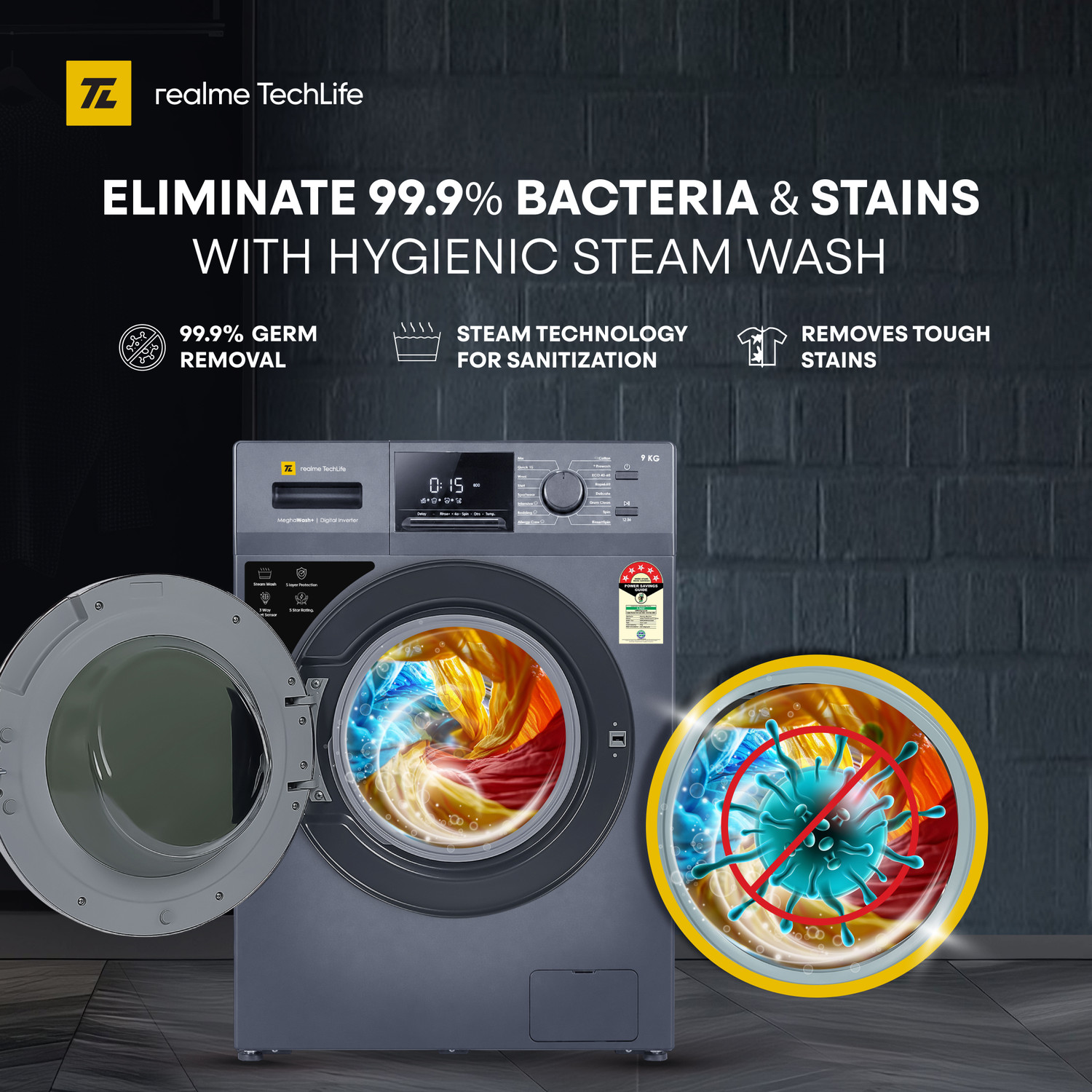 Image of realme TechLife 9 kg Fully Automatic Front Load Washing Machine with In-built Heater Blue