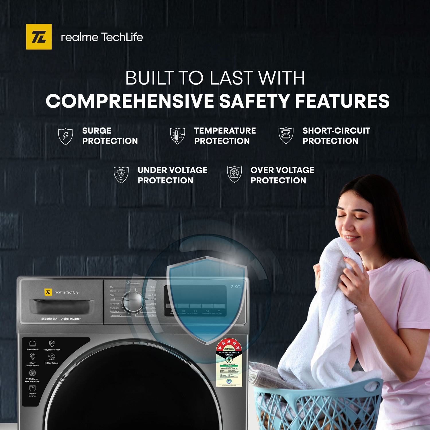 Image of realme TechLife 7 kg Fully Automatic Front Load Washing Machine with In-built Heater Grey