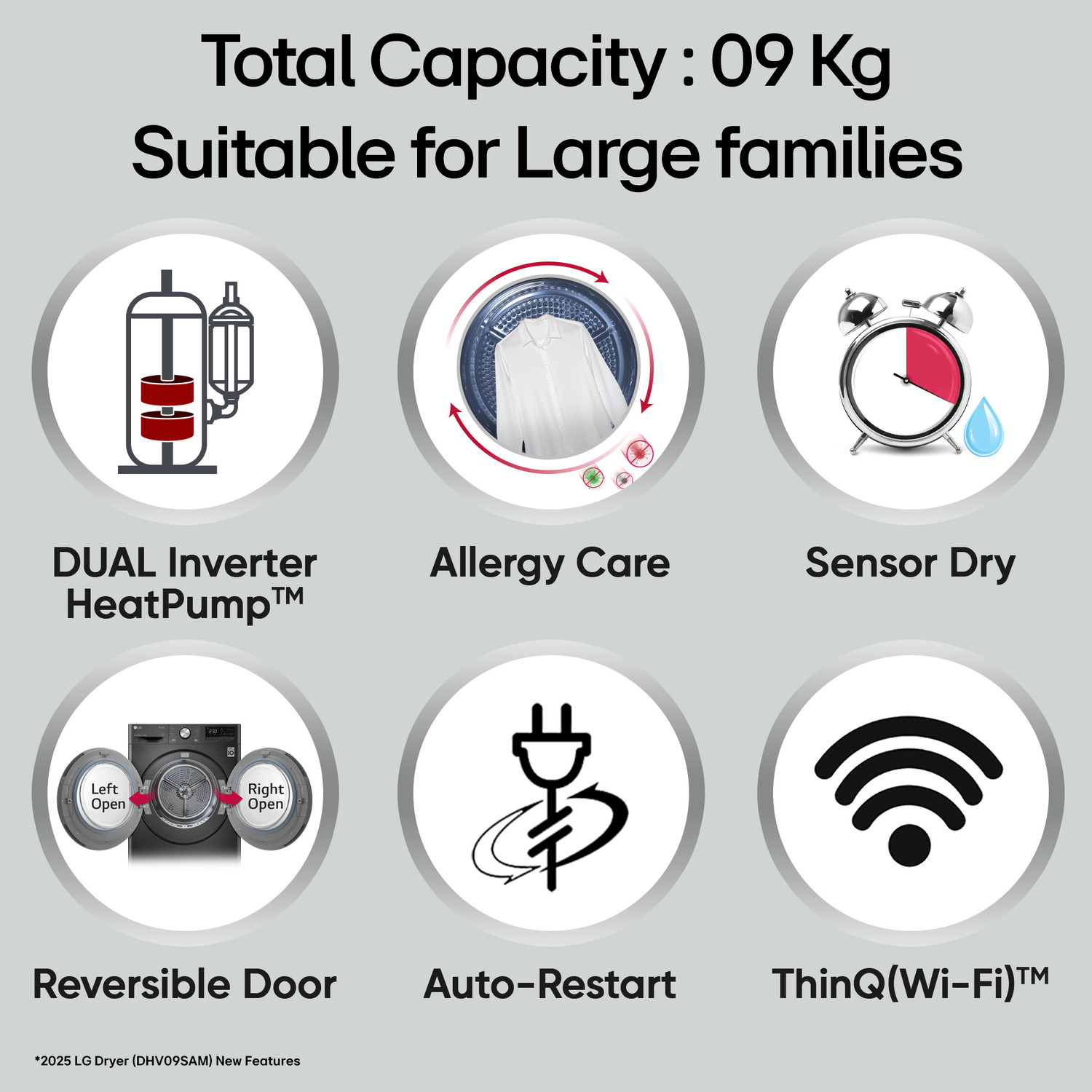 Image of LG 9 Kg Dual Inverter Heat Pump, Wi-Fi, EcoHybrid, Allergy Care, Smart Pairing & Auto Cleaning Condenser Dryer Grey, Black