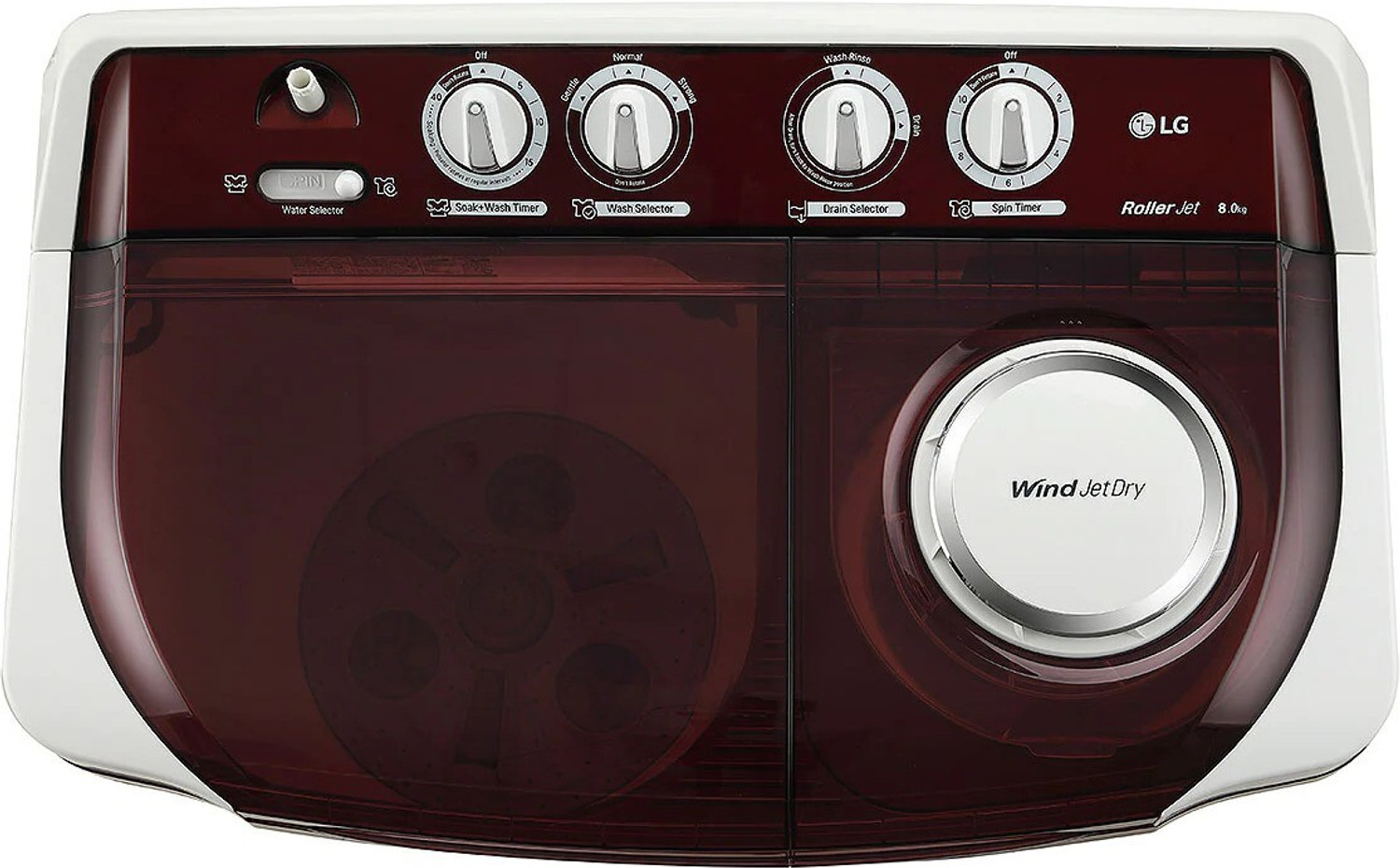 Image of LG 8 kg 5 Star with Roller Jet Pulsator with Soak, Wind Jet Dry and Rat Away, 6 Kg (Spin Tub Capacity) Semi Automatic Top Load Washing Machine Maroon, White