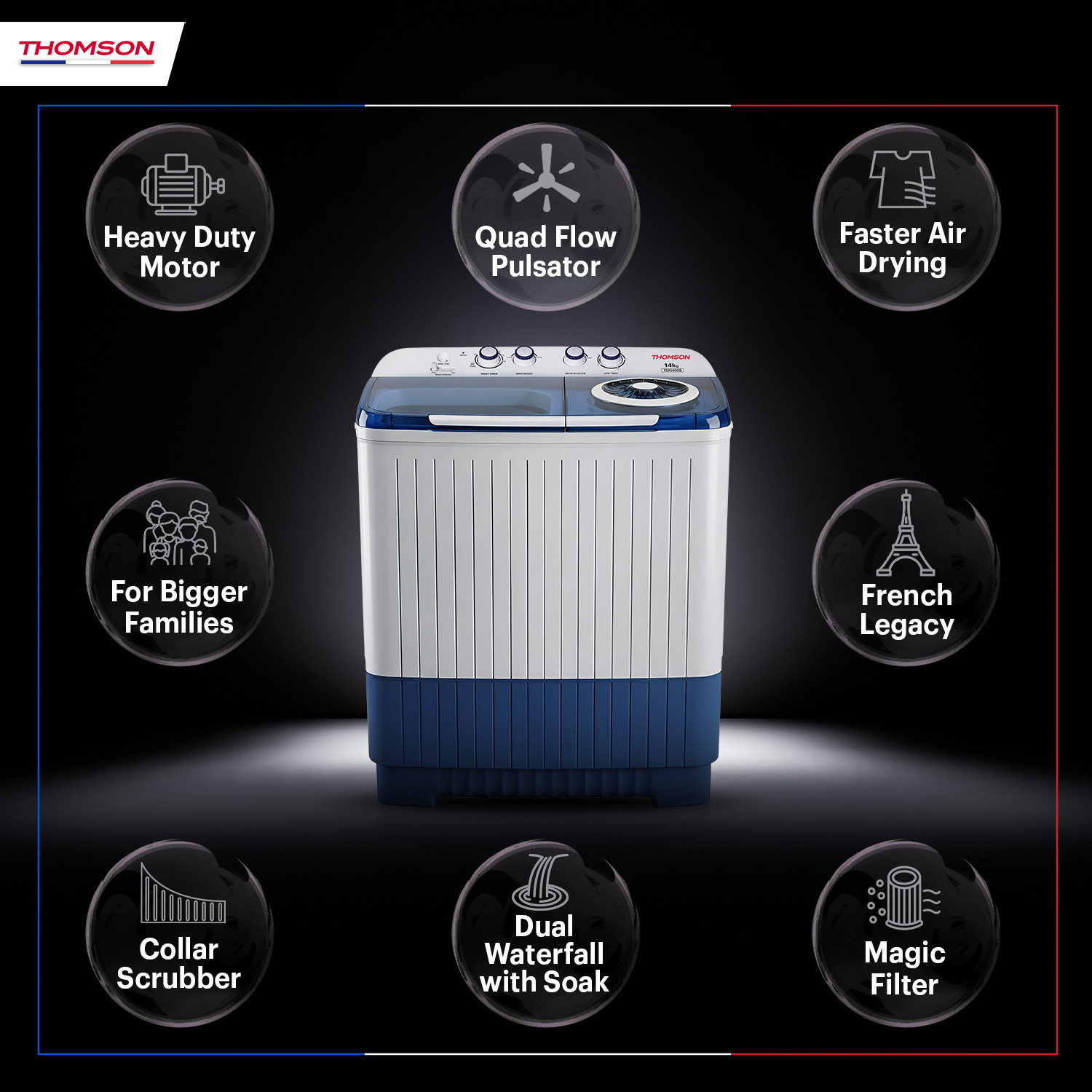 Image of Thomson 14 kg 5 Star Aqua Magic with Double Waterfall, Heavy Duty Motor, Magic Filter, Advanced Soak Technology, Collar Scrubber, Turbo Dry Technology, Semi Automatic Top Load Washing Machine Blue, White