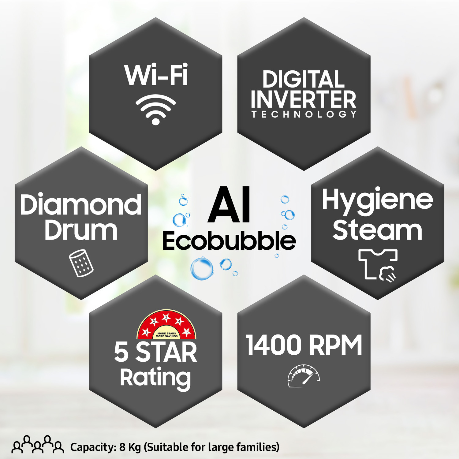 Image of Samsung 8 kg 5 Star, AI Ecobubble, Wi-Fi, Hygiene Steam,Digital Inverter Fully Automatic Front Load Washing Machine with In-built Heater Black