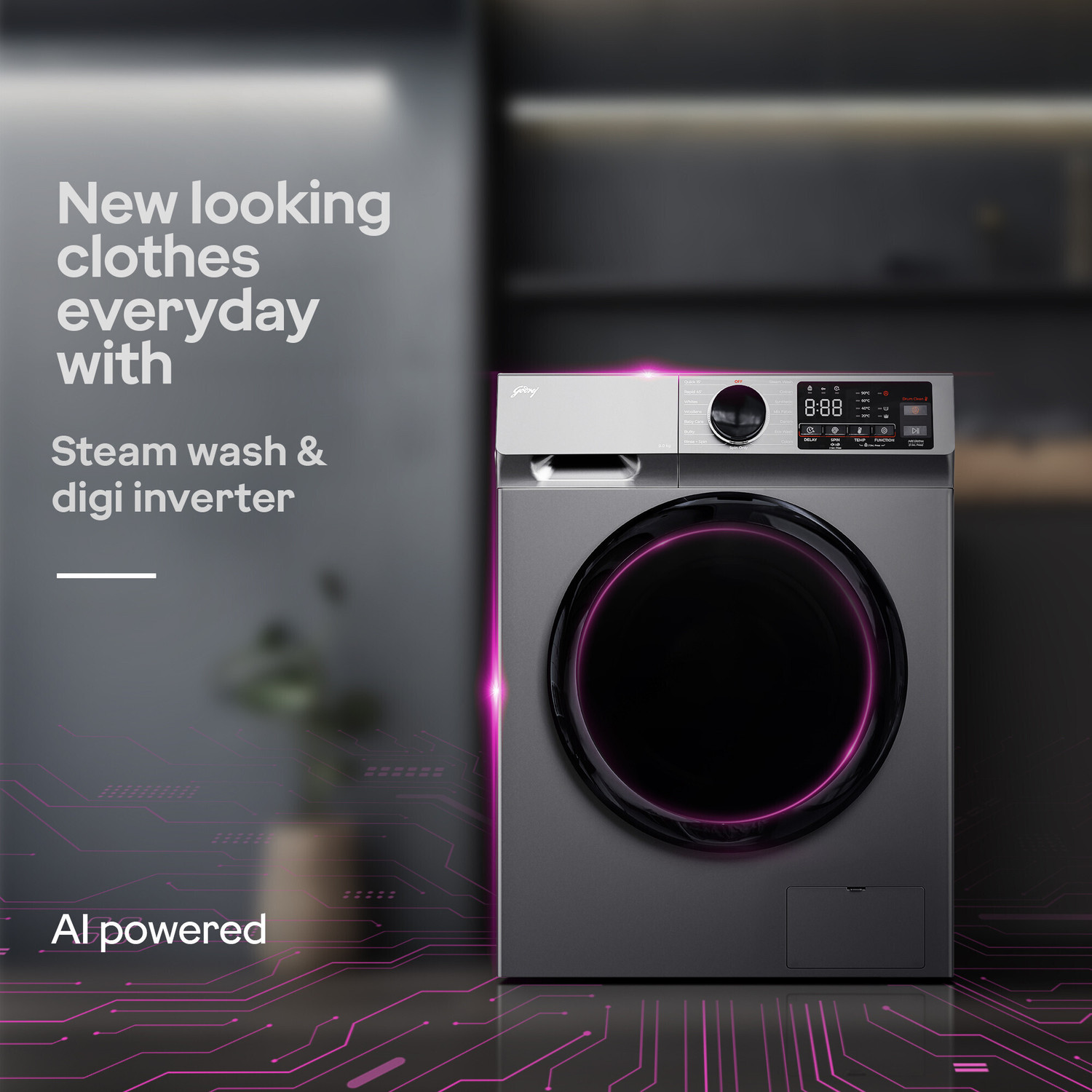 Image of Godrej 9 kg 5 Star, AI Tech, Steam Wash Fully Automatic Front Load Washing Machine with In-built Heater Grey