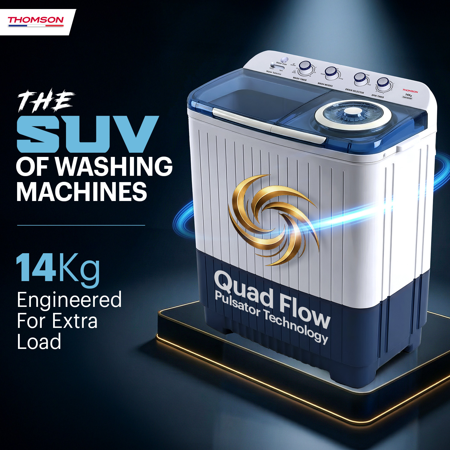Image of Thomson 14 kg 5 Star Aqua Magic with Double Waterfall, Heavy Duty Motor, Magic Filter, Advanced Soak Technology, Collar Scrubber, Turbo Dry Technology, Semi Automatic Top Load Washing Machine Blue, White
