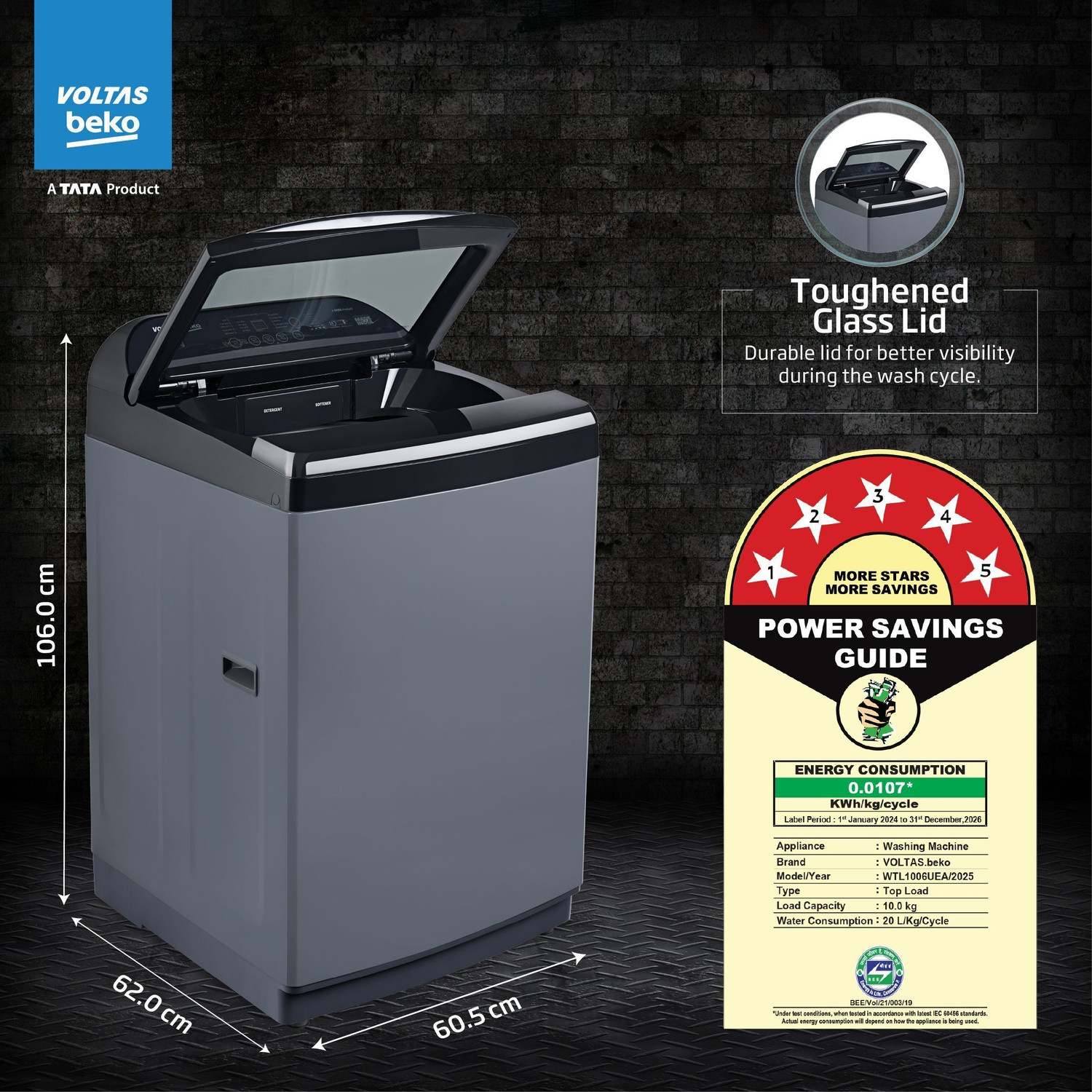 Image of Voltas Beko 10 kg Fully Automatic Top Load Washing Machine Black, Grey