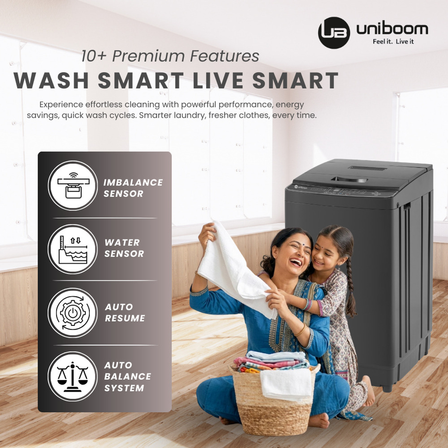 Image of Uniboom 8 kg Ultra Wash | 10 Smart Programs | AI Load Balancer | HD Motor | Detergent Dispenser Fully Automatic Top Load Washing Machine Black