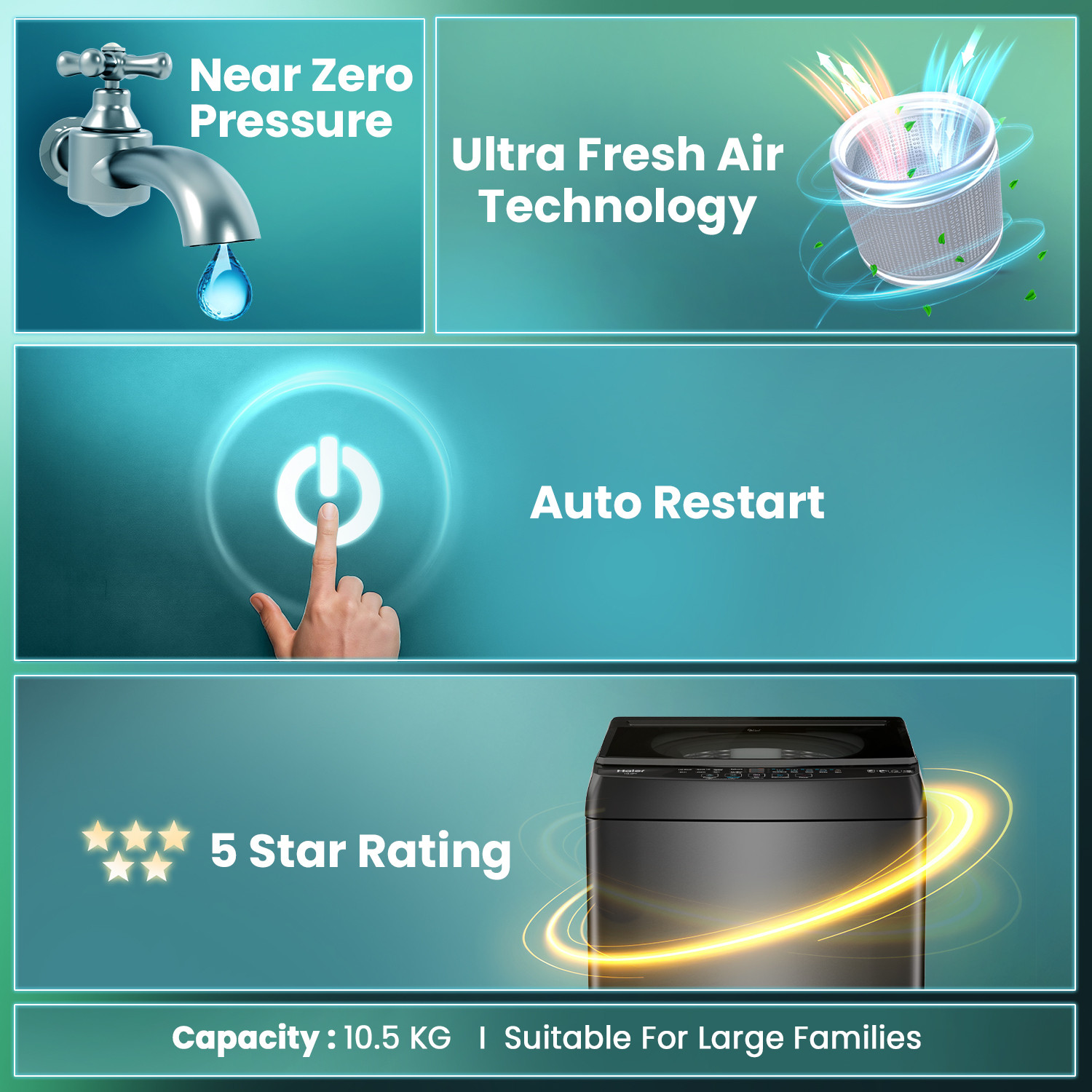 Image of Haier 10 kg Powerful Oceanus Wave Drum, Custom Wash Cycles with 15 Mins Quick Wash, Smart Fuzzy Control, Balance Clean Pulsator, Magic Filter, Castor Wheels Fully Automatic Top Load Washing Machine Black