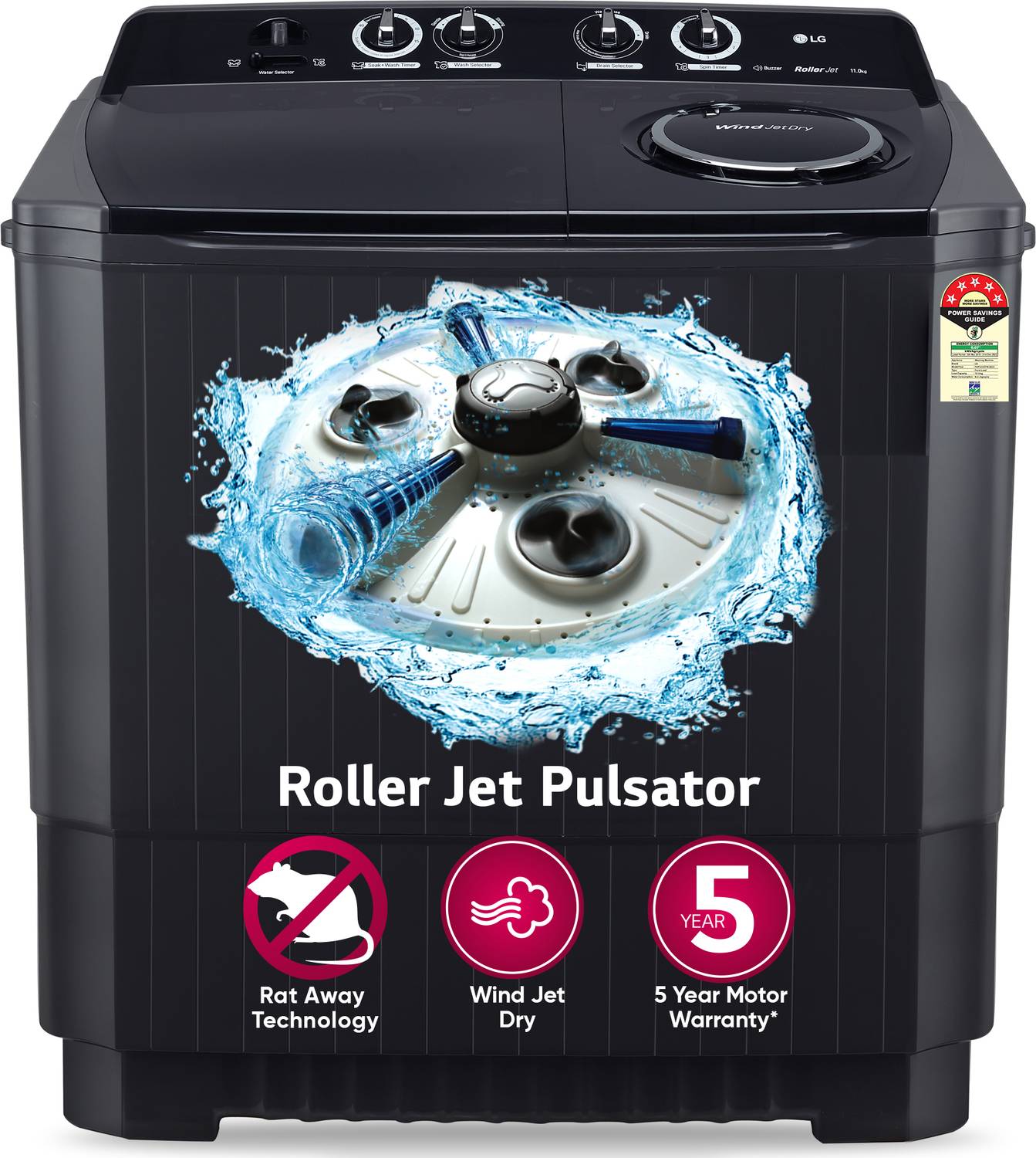 LG 11 kg 5 Star with Roller Jet Pulsator with Soak,� Wind Jet Dry and Rat Away, 8 Kg (Spin Tub Capacity) Semi Automatic Top Load Washing Machine Black Price in India - Buy LG 11 kg 5 Star with Roller Jet Pulsator with Soak,� Wind Jet Dry and Rat Away, 8 Kg (Spin Tub Capacity) Semi Automatic Top Load Washing Machine Black online at Flipkart.com