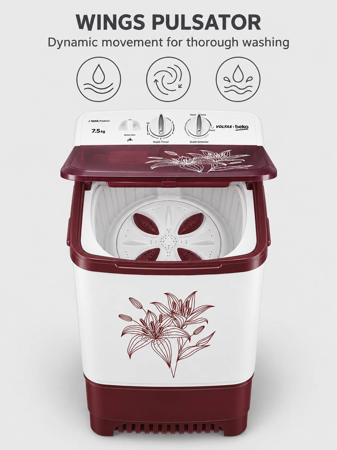 Voltas 7.5 kg Washer Maroon, White - Image 3
