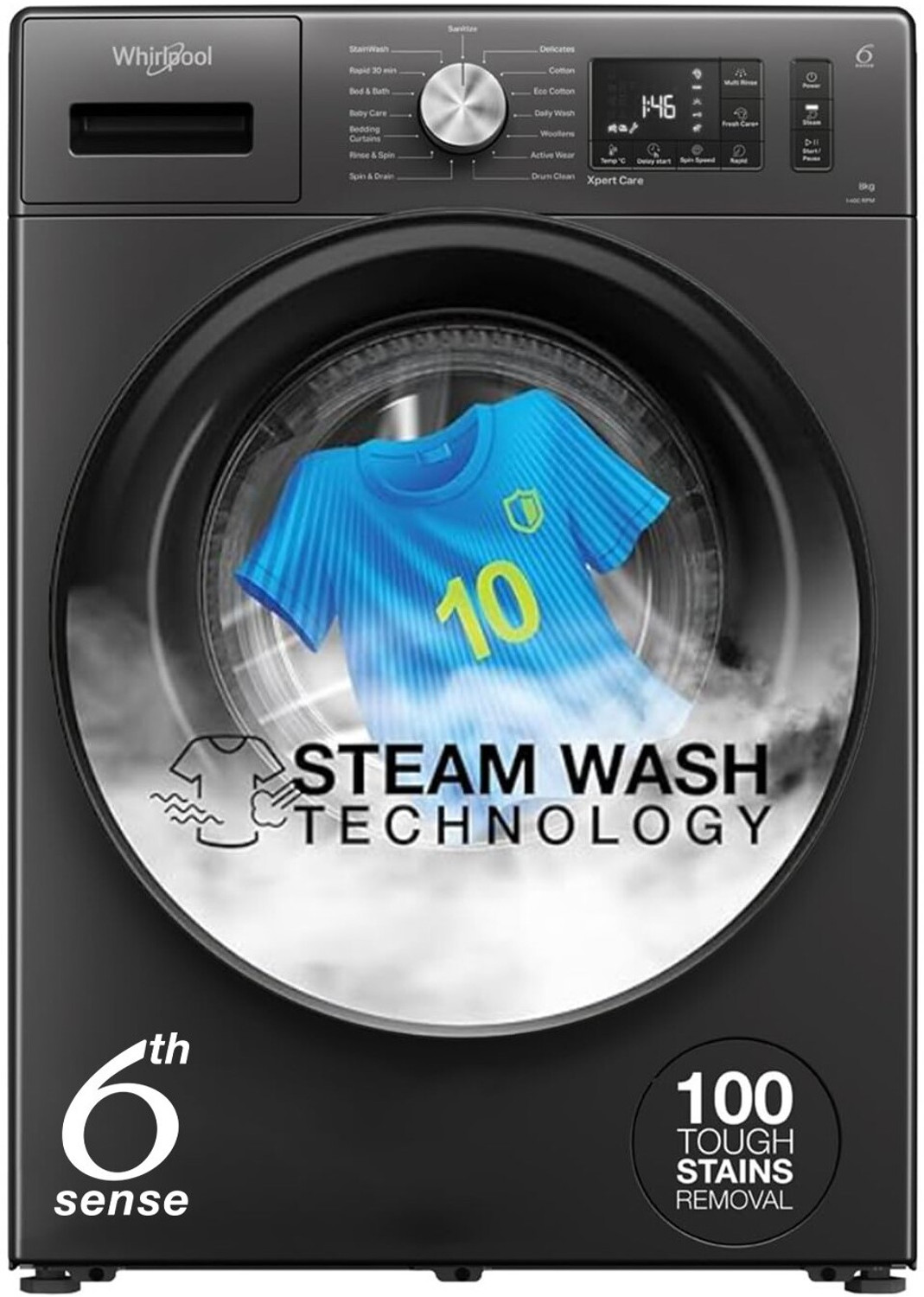 Image of Whirlpool 8 kg 5 Star Inverter Steam Technology, 100+ Tough Stains, 6th Sense Soft Move, Supreme Care Fully Automatic Front Load Washing Machine with In-built Heater Grey