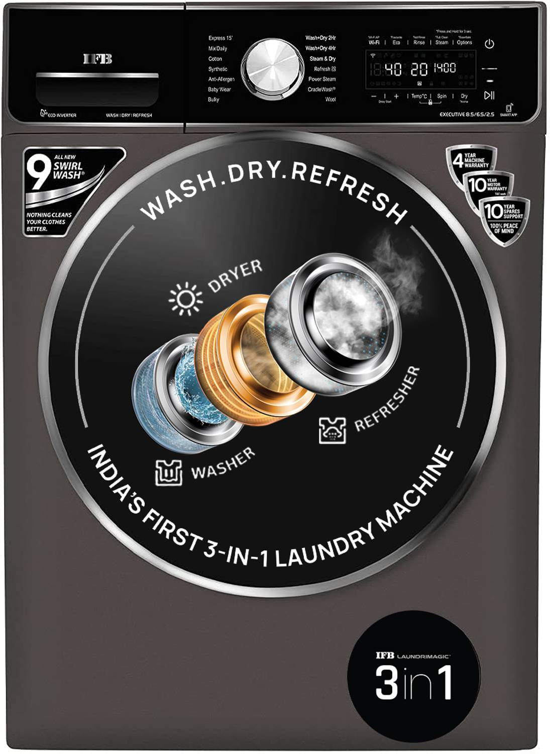 IFB 8.5/6.5 kg Washer with Dryer Refresher 3-in-1 Laundrimagic Wi-Fi Enabled Inverter with Steam Ready to Wear Clothes with In-built Heater Black, Grey