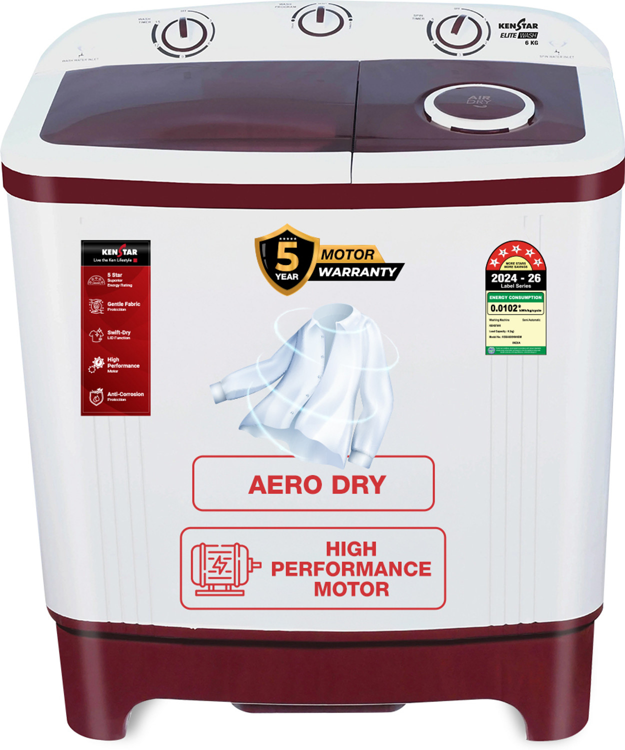 Image of Kenstar 6 kg Semi Automatic Top Load Washing Machine Maroon, White