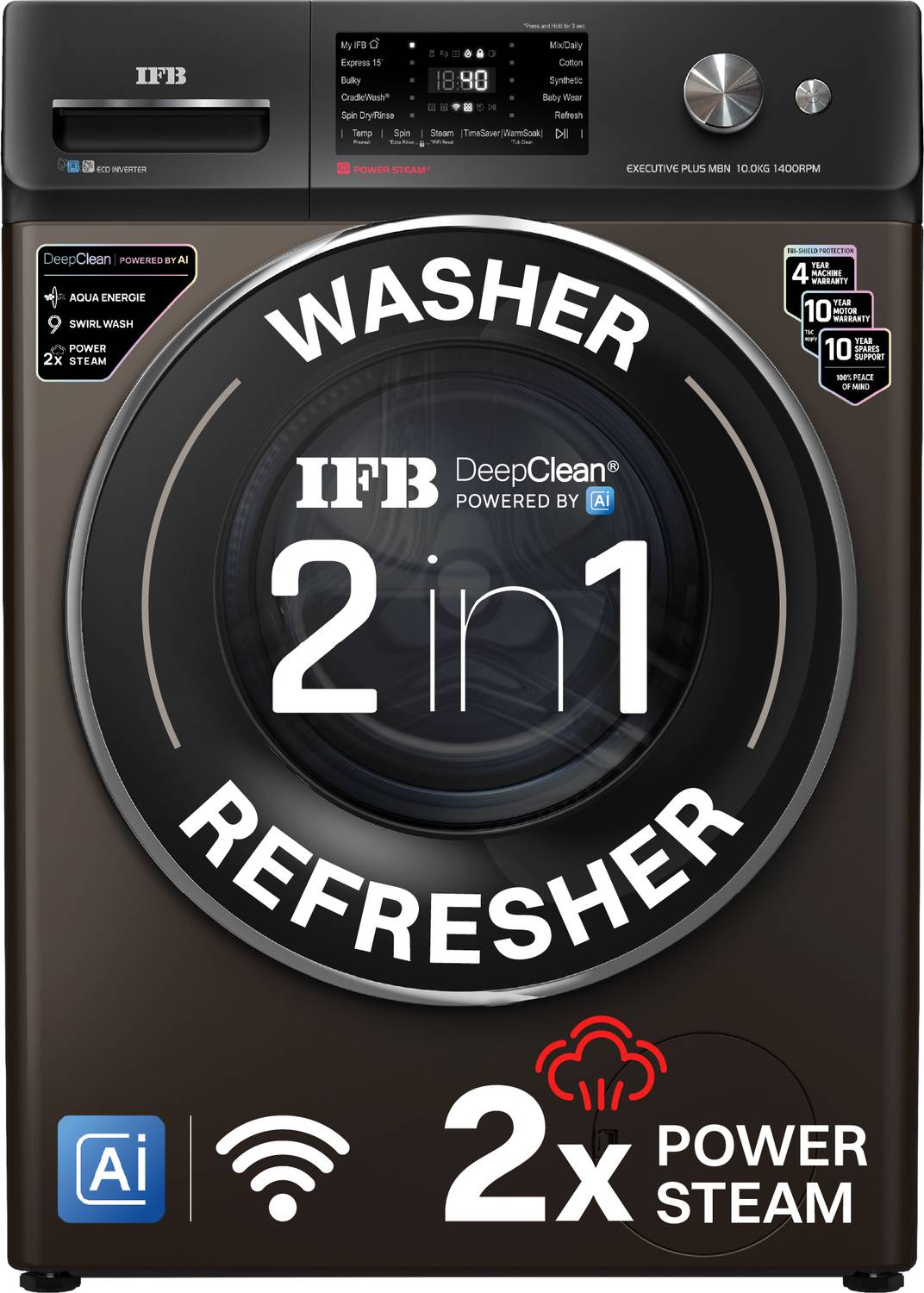 IFB 10 kg with 9 Swirl Wash, 2x Power Steam, Steam Refresh Program, Eco Inverter Motor, WiFi Enabled, DeepClean Powered by Ai Fully Automatic Front Load Washing Machine with In-built Heater Brown