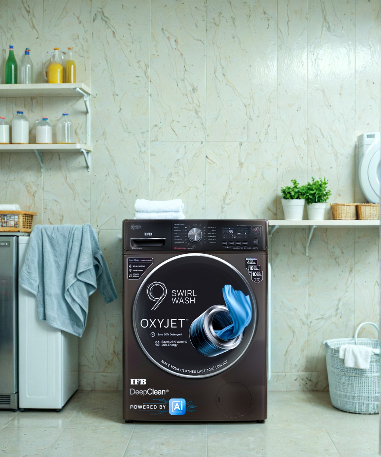 Image of IFB 9 kg with Steam 5 Star AI Powered Eco Inverter with Wi-Fi EnabledOxyjet� 9 Swirl Wash Fully Automatic Front Load Washing Machine with In-built Heater Brown