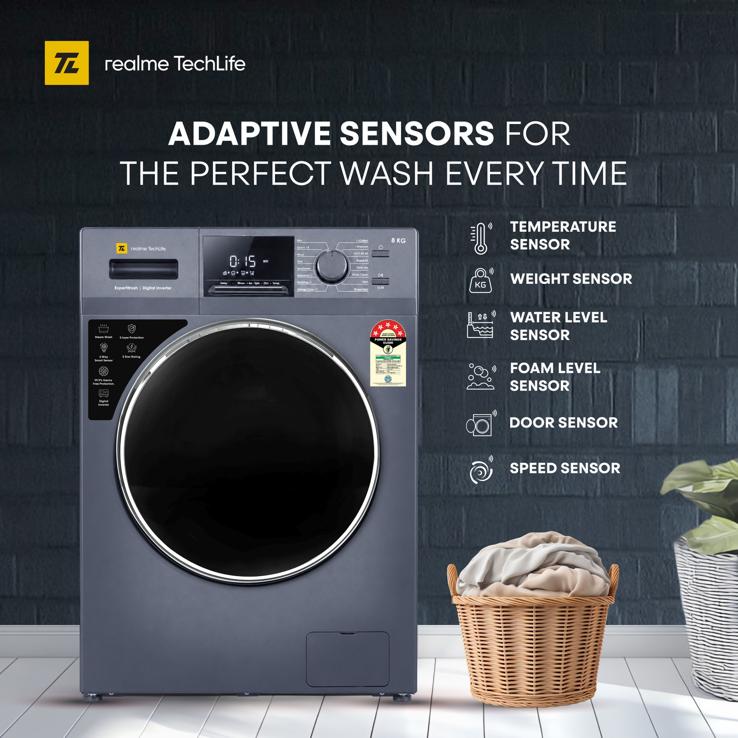 Image of realme TechLife 8 kg Fully Automatic Front Load Washing Machine with In-built Heater Blue