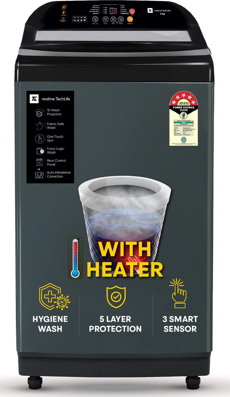 Image of realme TechLife 8 kg Soft closing Glass lid Fully Automatic Top Load Washing Machine with In-built Heater Black, Grey