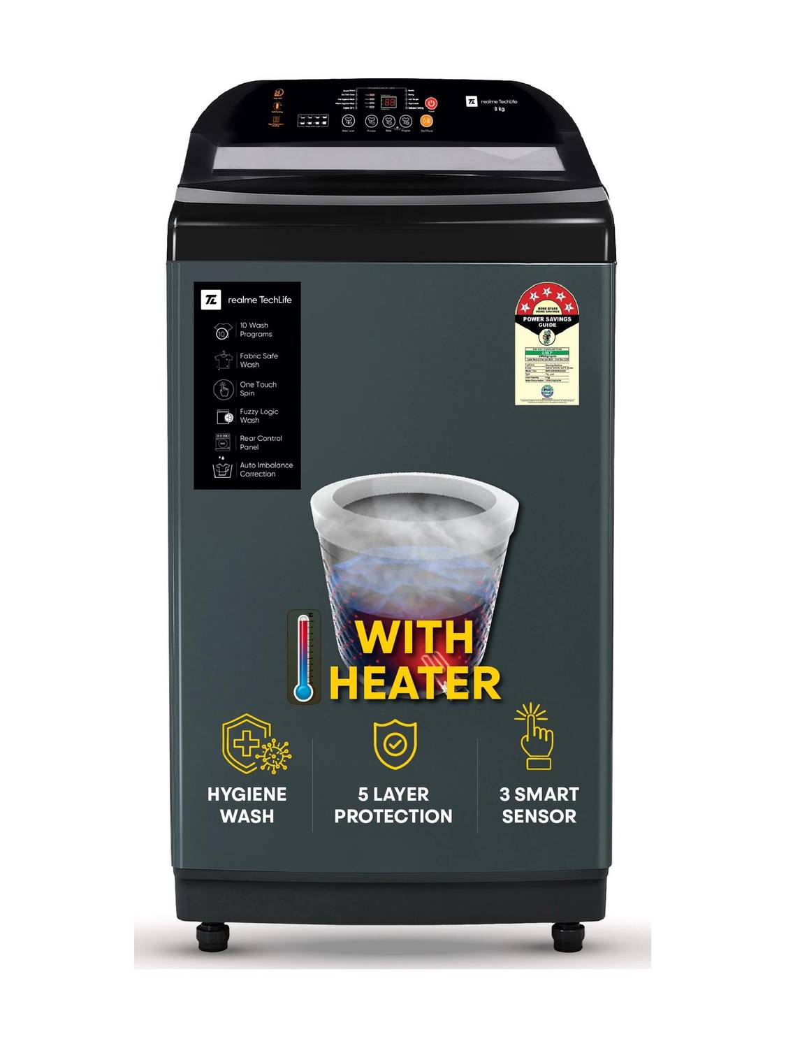 realme TechLife 8 kg Soft closing Glass lid Fully Automatic Top Load with In-built Heater Black, Grey (RMTL805NHNHG | RMTL805NHNHS) — image 1 of 5