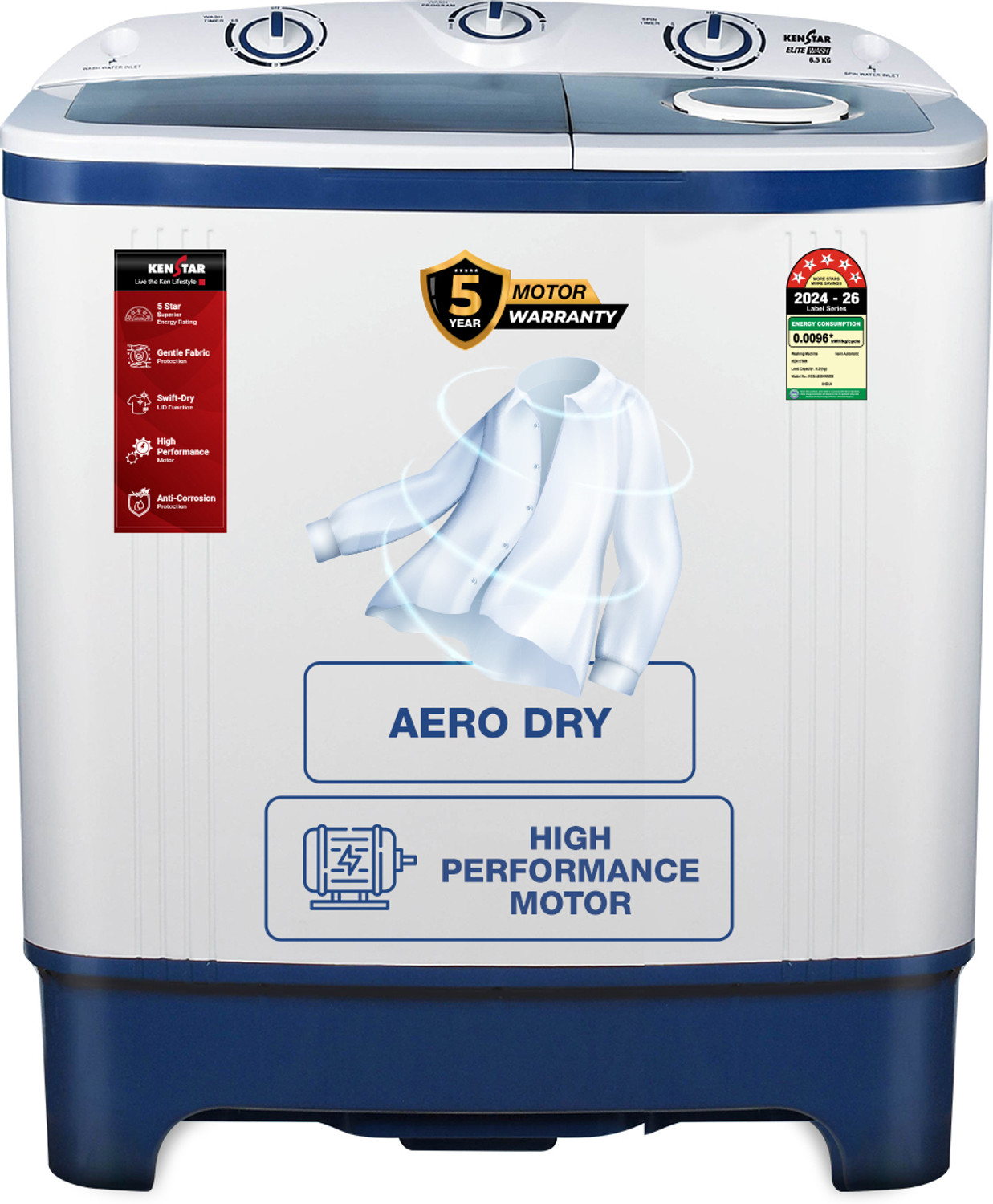 Image of Kenstar 6.5 kg Semi Automatic Top Load Washing Machine Blue, White