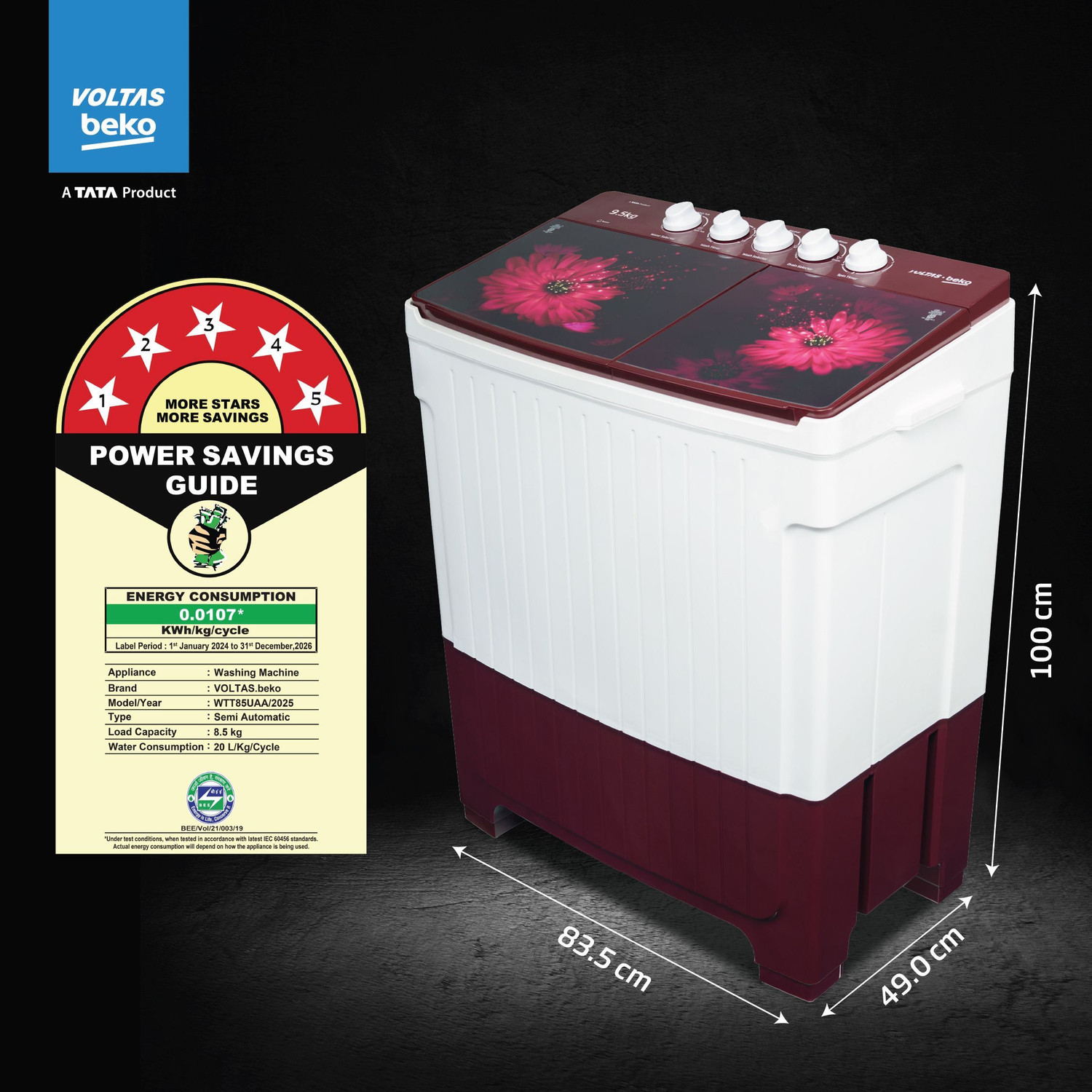 Image of Voltas Beko by A Tata Product 9.5 kg 5 Star Semi Automatic Top Load Washing Machine Multicolor