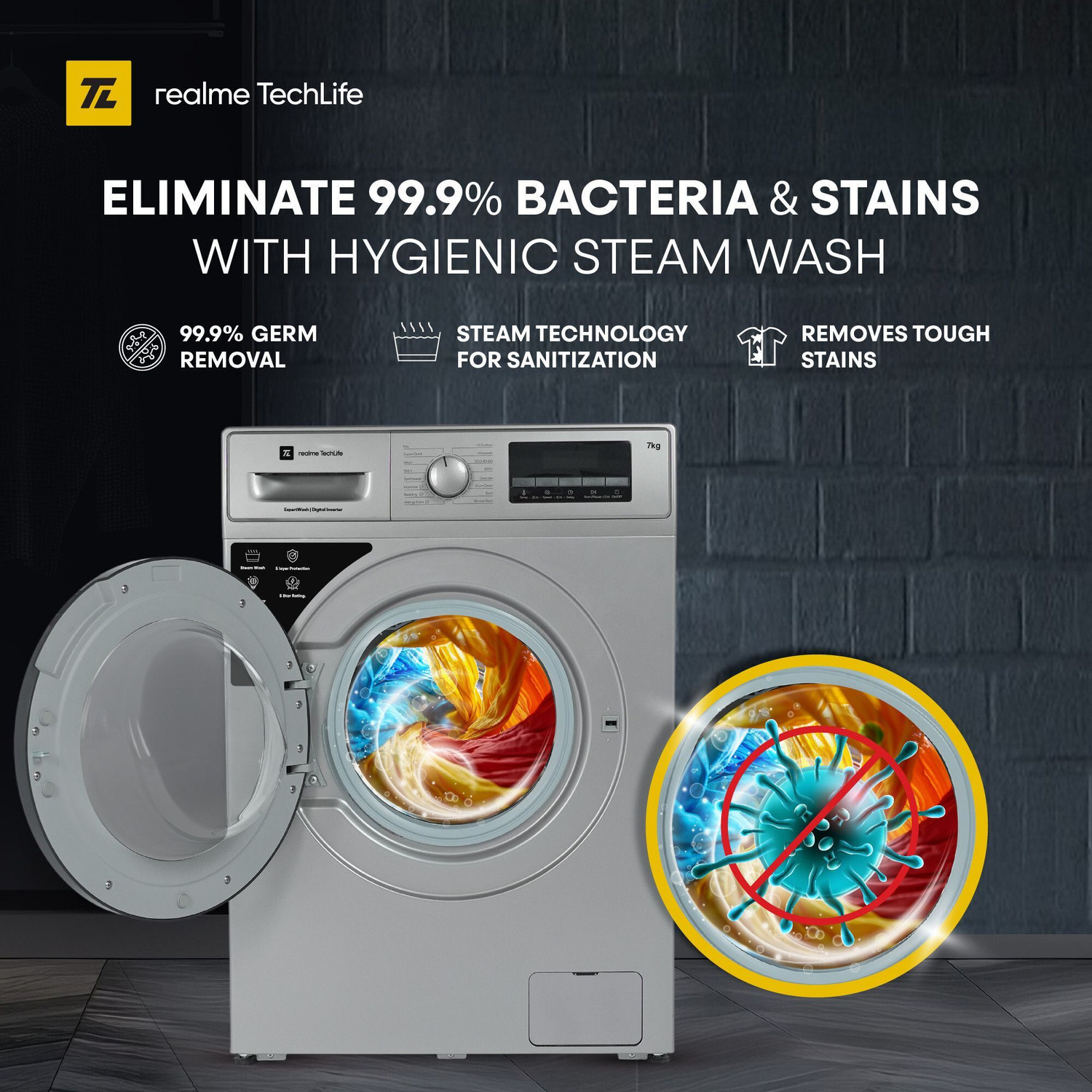 Image of realme TechLife 7 kg In-built Heater with ExpertWash Fully Automatic Front Load Washing Machine with In-built Heater Grey