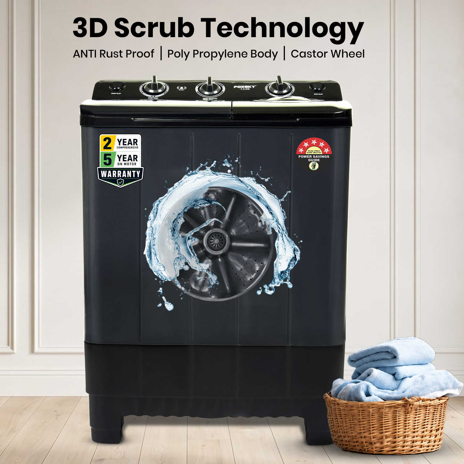 Image of FOXSKY 7.5 kg Semi Automatic Top Load Washing Machine Grey